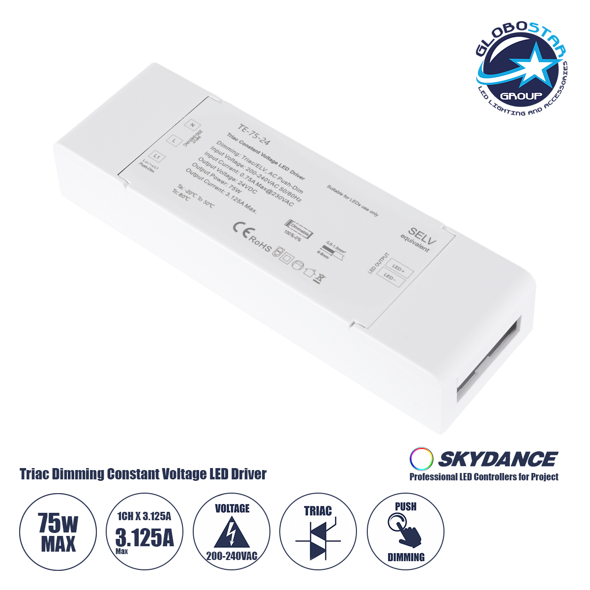 73130_1 GLOBOSTAR® SKYDANCE-TE-75-24 73130 DC Triac & Push Dimmer CV Τροφοδοτικό/Μετασχηματιστής SELV με 1 x 3.125A 75W Κανάλι AC 220-240V σε DC 24V 3.125A 75W Max IP20 - Triac & Push Dimming - Μ18 x Π5.7 x Υ3cm - 5 Χρόνια Εγγύηση - Image 1