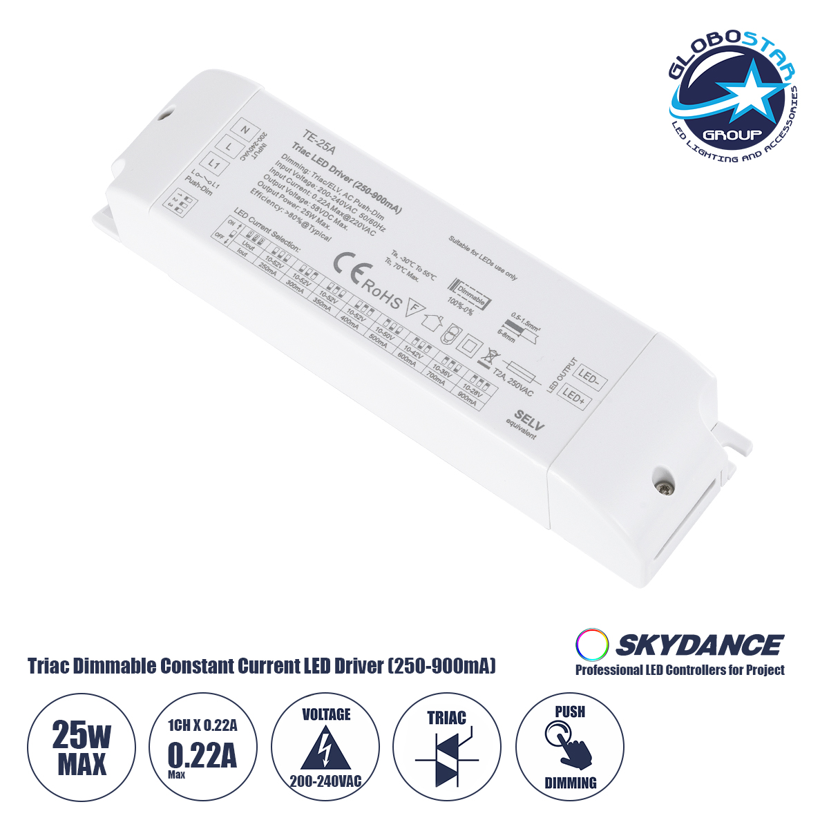 73134_01 GLOBOSTAR® SKYDANCE-TE-25A 73134 DC Triac & Push Dimmer CC Τροφοδοτικό/Μετασχηματιστής SELV με 1 x 250-900mA 25W Κανάλι AC 220-240V σε DC 10-52V 900mA 25W Max IP20 - Triac & Push Dimming - Μ17.5 x Π4.4 x Υ3cm - 5 Χρόνια Εγγύηση - Image 1