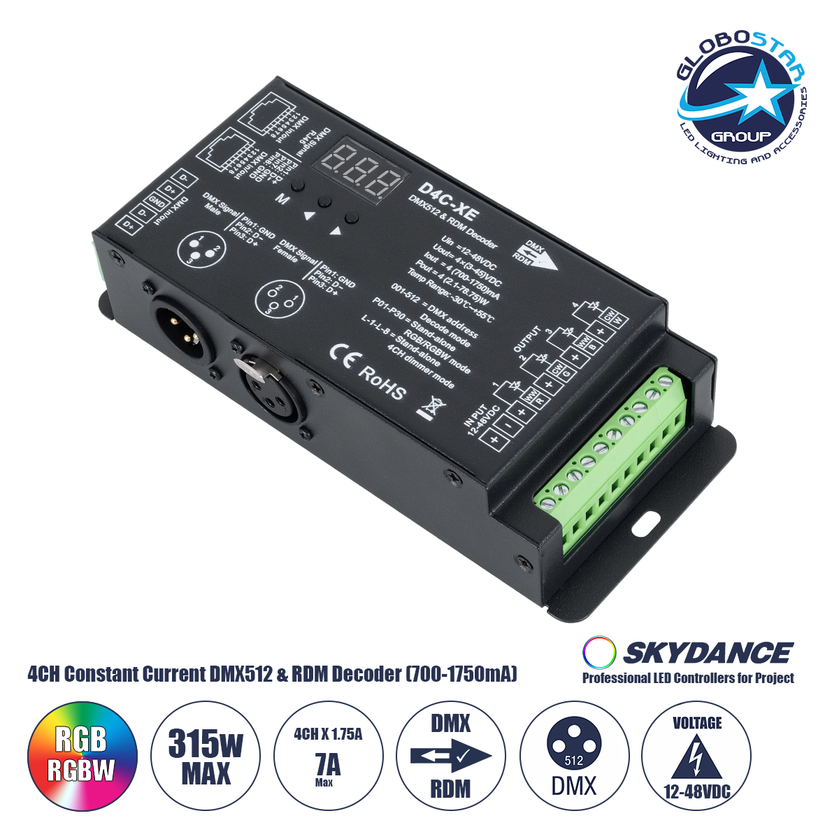 73147_01 GLOBOSTAR® SKYDANCE-D4C-XE 73147 DC CC DMX Master Dimmer / Controller / Decoder Υψηλής Ταχύτητας με 4 x 700-1750mA 2.1-78.75W Κανάλια DC 12-48V σε DC 3-45V 7000mA 315W Max IP20 - DMX512 & RDM - Μ16.5 x Π7 x Υ3.7cm - 5 Χρόνια Εγγύηση - Image 1