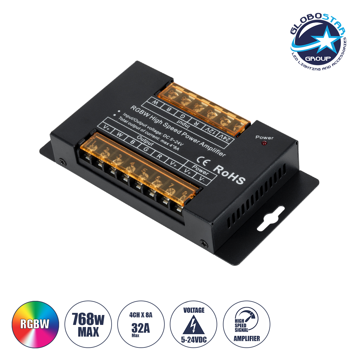 73394_1 GLOBOSTAR® RGBWAMPLIFIER 73394 DC Ενισχυτής Ισχύος & Σήματος Υψηλής Ταχύτητας με 4 x 8A 192W Κανάλια DC 5-24V 32A 720W Max IP20 - Μ14.5 x Π7.5 x Υ2.5cm - 3 Χρόνια Εγγύηση - Image 1