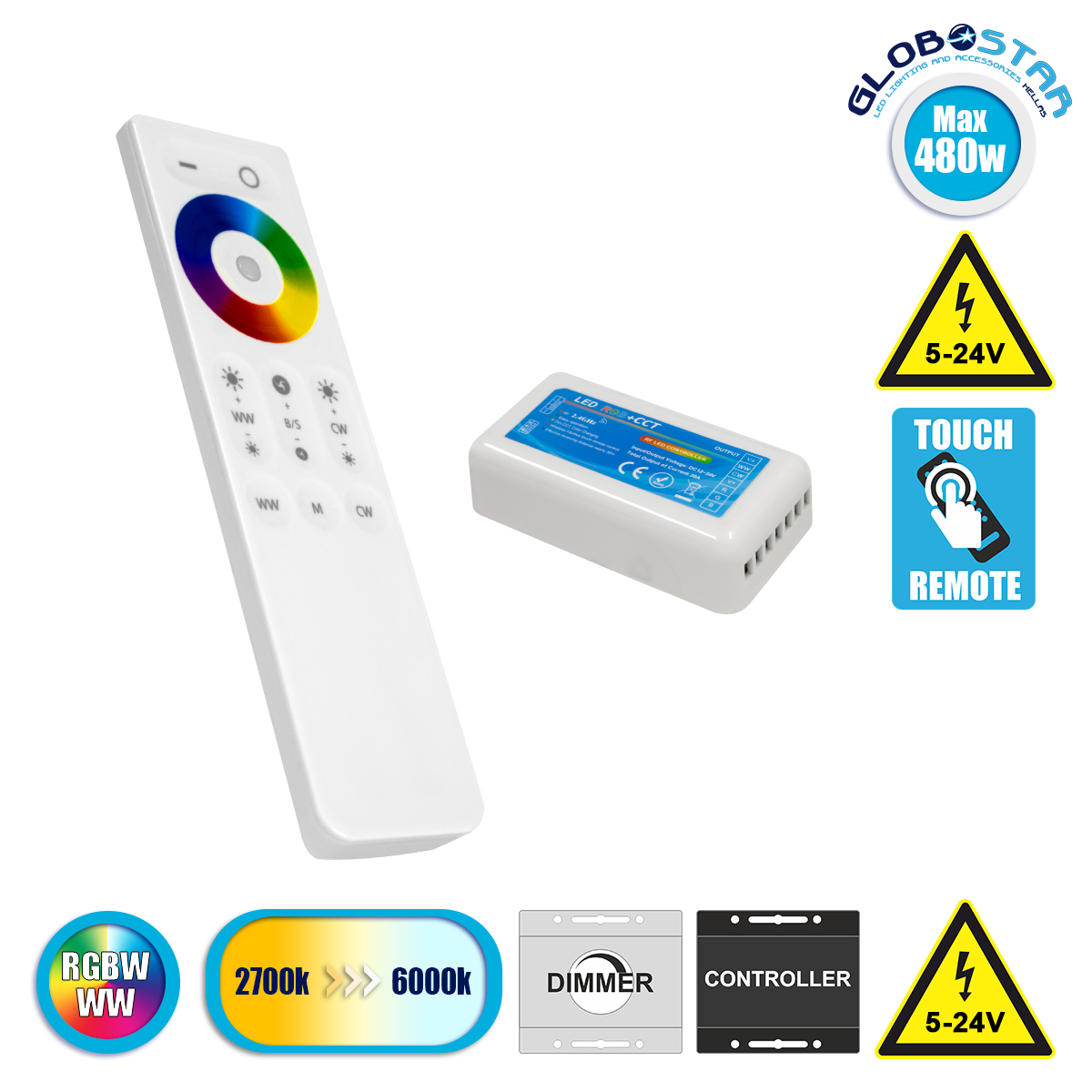 73424_01 GLOBOSTAR® RGBCONTROLLER 73424 Σετ Dimmer / Controller με RF Ασύρματο Χειριστήριο με 3 x 6.7A 160W Κανάλια DC 12-24V 20.1A 480W Max IP20 - RF2.4Ghz SYNC - Μ8.5 x Π4.5 x Υ2.5cm - 2 Χρόνια Εγγύηση - Image 1