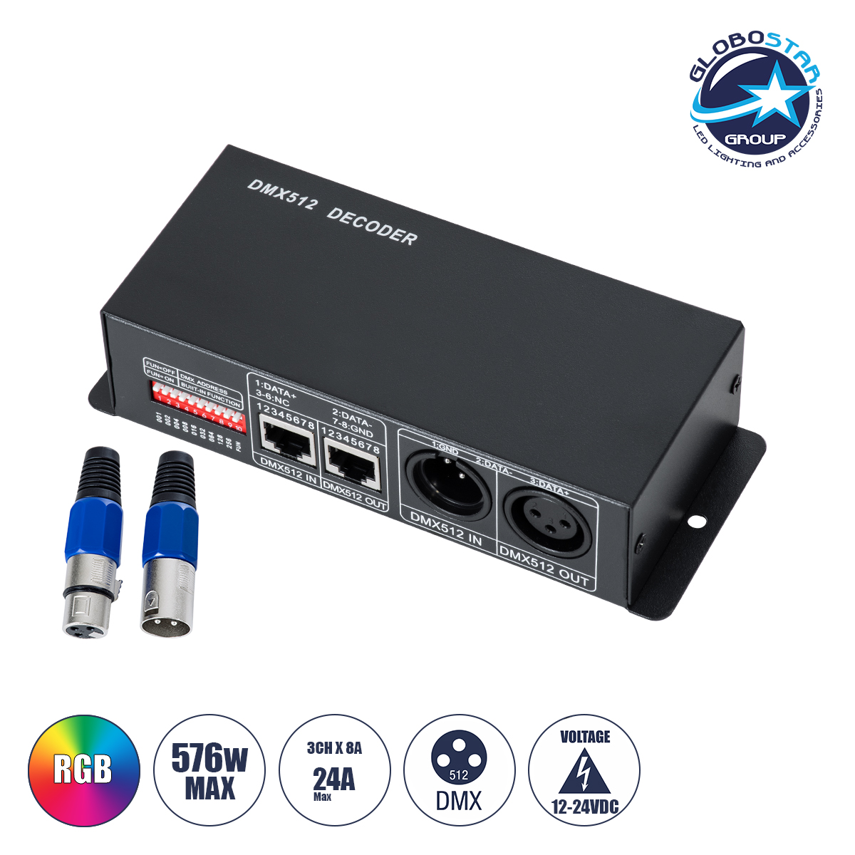 73490_1 GLOBOSTAR® RGBCONTROLLER 73490 DC DMX Master Dimmer / Controller / Decoder Υψηλής Ταχύτητας με 3 x 8A 192W Κανάλια DC 12-24V 24A 576W Max IP20 - DMX512 & RDM - Μ16 x Π9 x Υ6cm - 2 Χρόνια Εγγύηση - Image 1