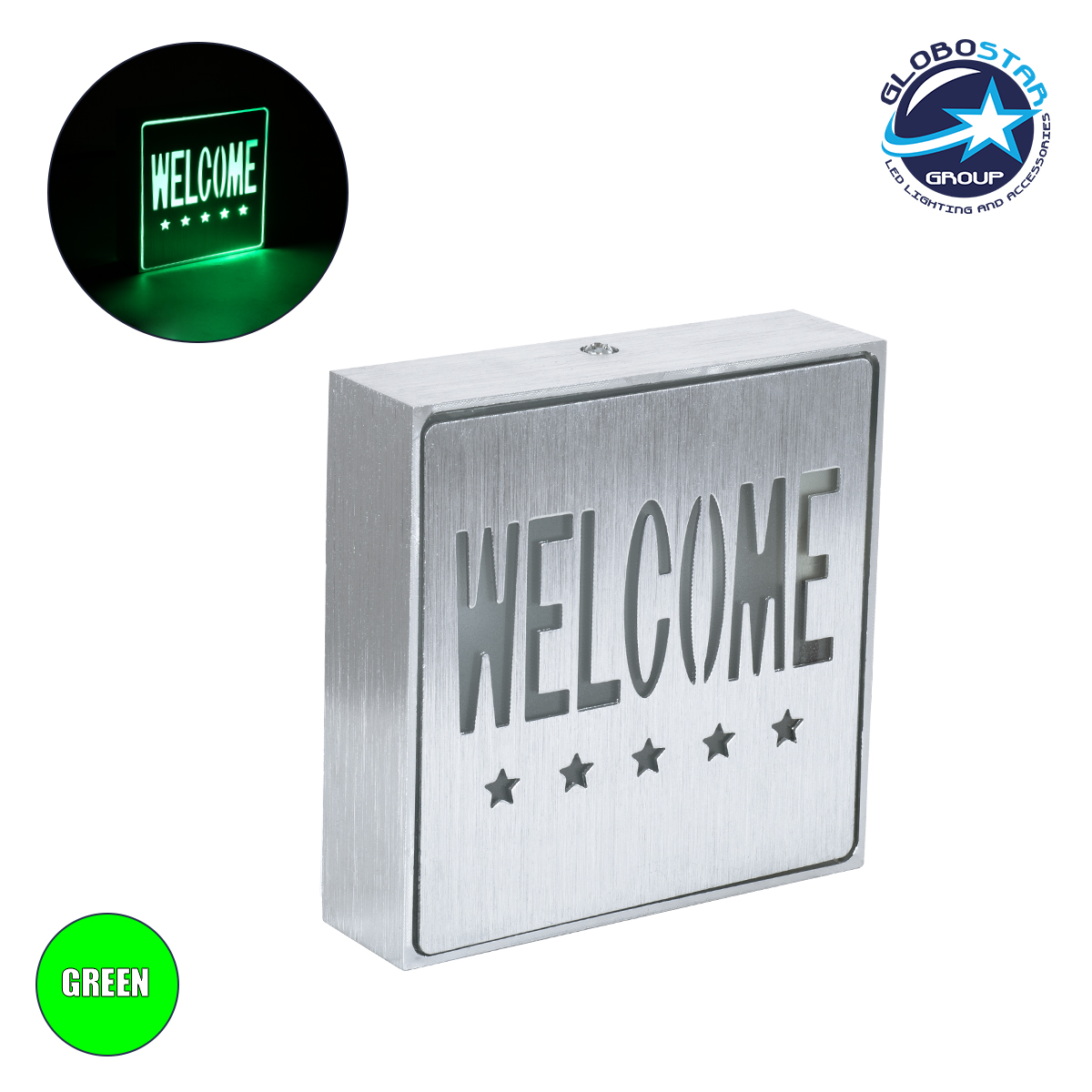75509_1 GloboStar® SENSATI 75658 Φωτιστικό Τοίχου Ένδειξης WELCOME 5 STARS LED 1W AC 220-240V IP20 - Σώμα Αλουμινίου - Μ11 x Π11 x Υ3cm - Πράσινο - Image 1