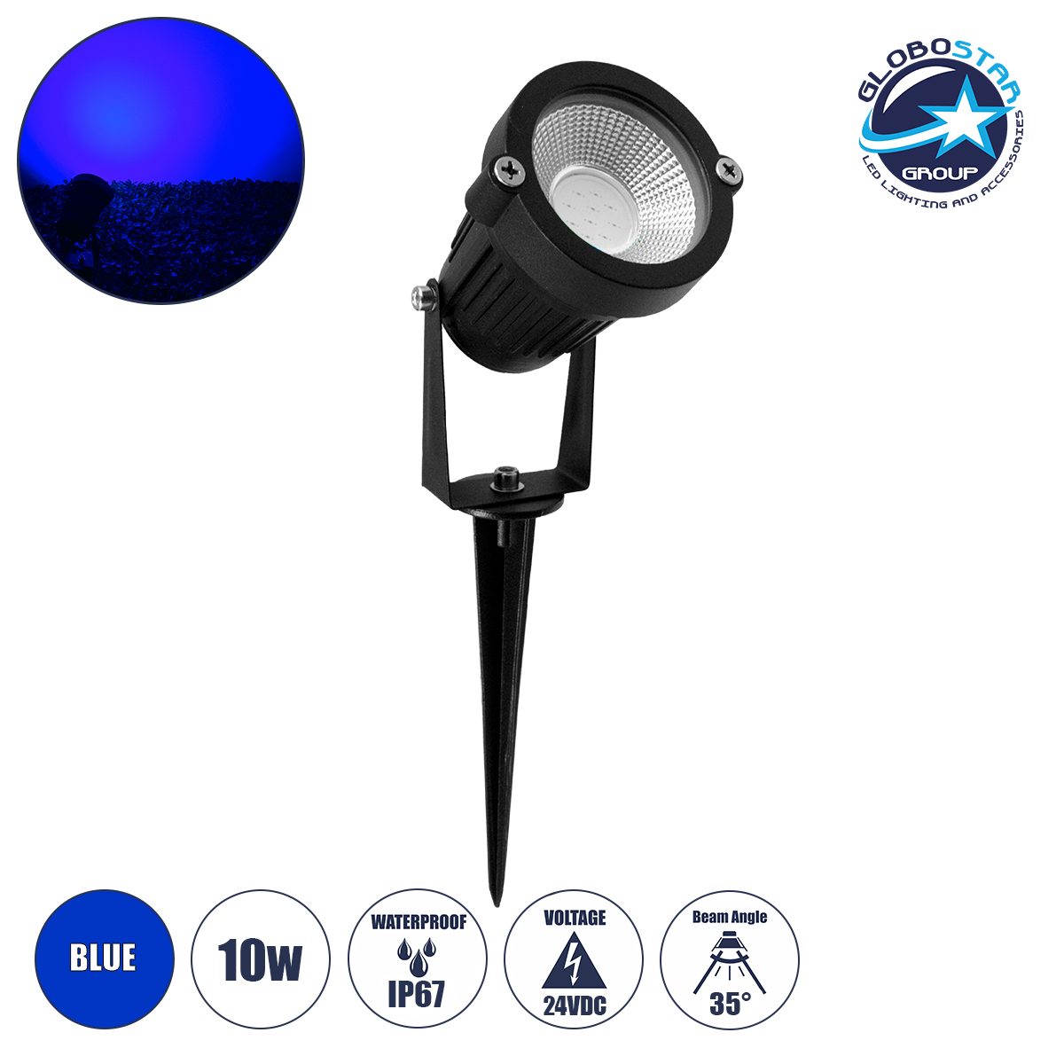 75587_1 GLOBOSTAR® TREECOBO 75587 Φωτιστικό Σποτ για Φυτά - Δέντρα με Βάση Κήπου / Καρφωτό LED 10W 800lm 35° DC 12-24V Αδιάβροχο IP67 Μπλε Dimmable - Bridgelux COB Chip - Μαύρο - Μ6 x Π6 x Υ12.5cm - 2 Χρόνια Εγγύηση - Image 1