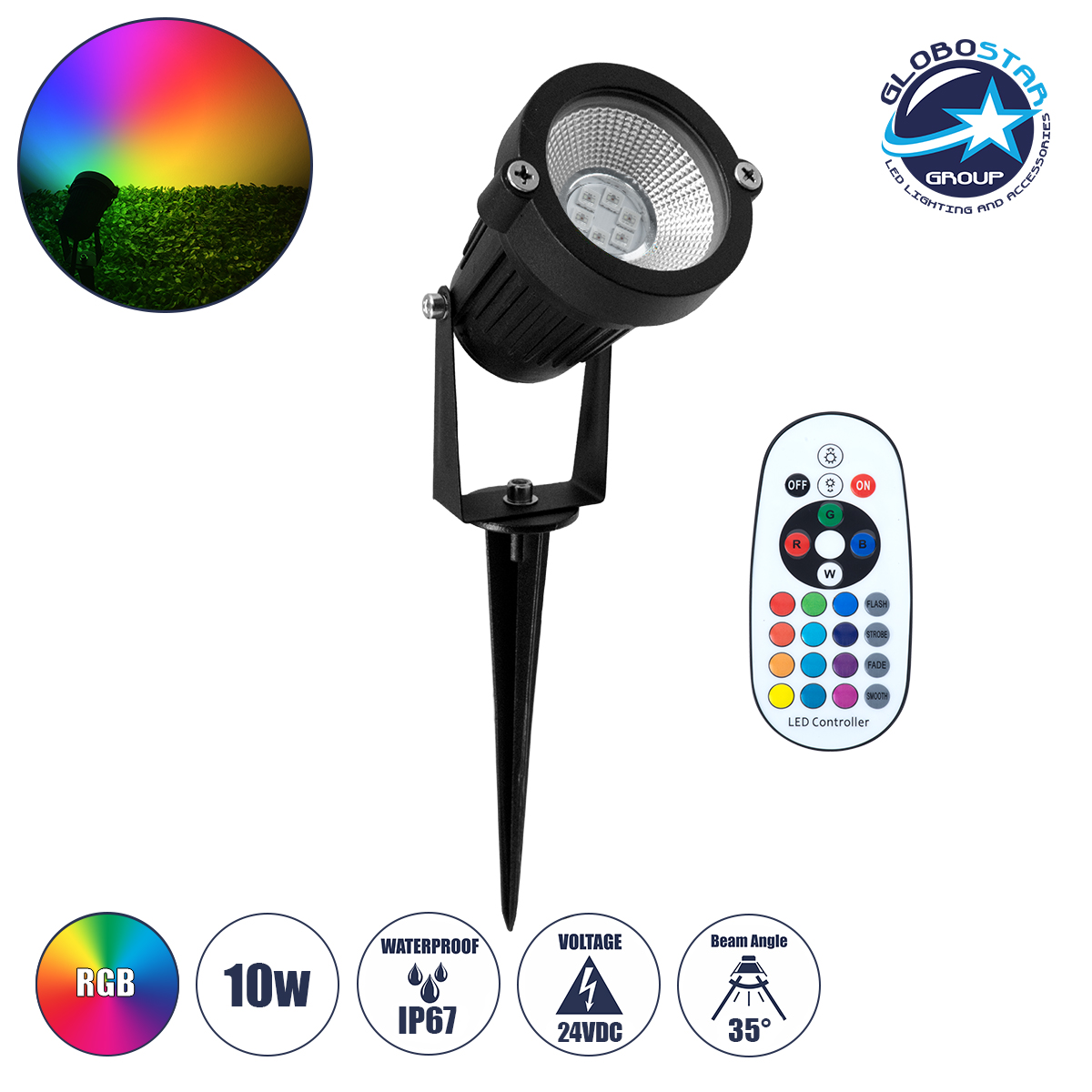 75588_001 GLOBOSTAR® TREECOBO 75588 Φωτιστικό Σποτ για Φυτά - Δέντρα με Βάση Κήπου / Καρφωτό με IR Ασύρματο Χειριστήριο LED 10W 800lm 35° DC 24V Αδιάβροχο IP67 Πολύχρωμο RGB Dimmable - Epistar SMD Chip - Μαύρο - Μ6 x Π6 x Υ12.5cm - 2 Χρόνια Εγγύηση - Image 1