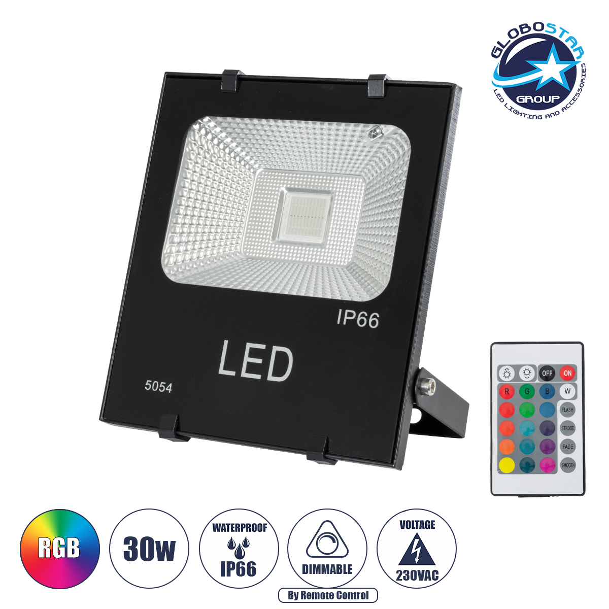 75601_1 GLOBOSTAR® RGBFLOOD 75601 Προβολέας με IR Ασύρματο Χειριστήριο LED 30W 1950lm 120° AC 220-240V Αδιάβροχο IP66 Πολύχρωμο RGB Dimmable - Μαύρο Ματ - Μ17 x Π4.5 x Υ20cm - 2 Χρόνια Εγγύηση - Image 1