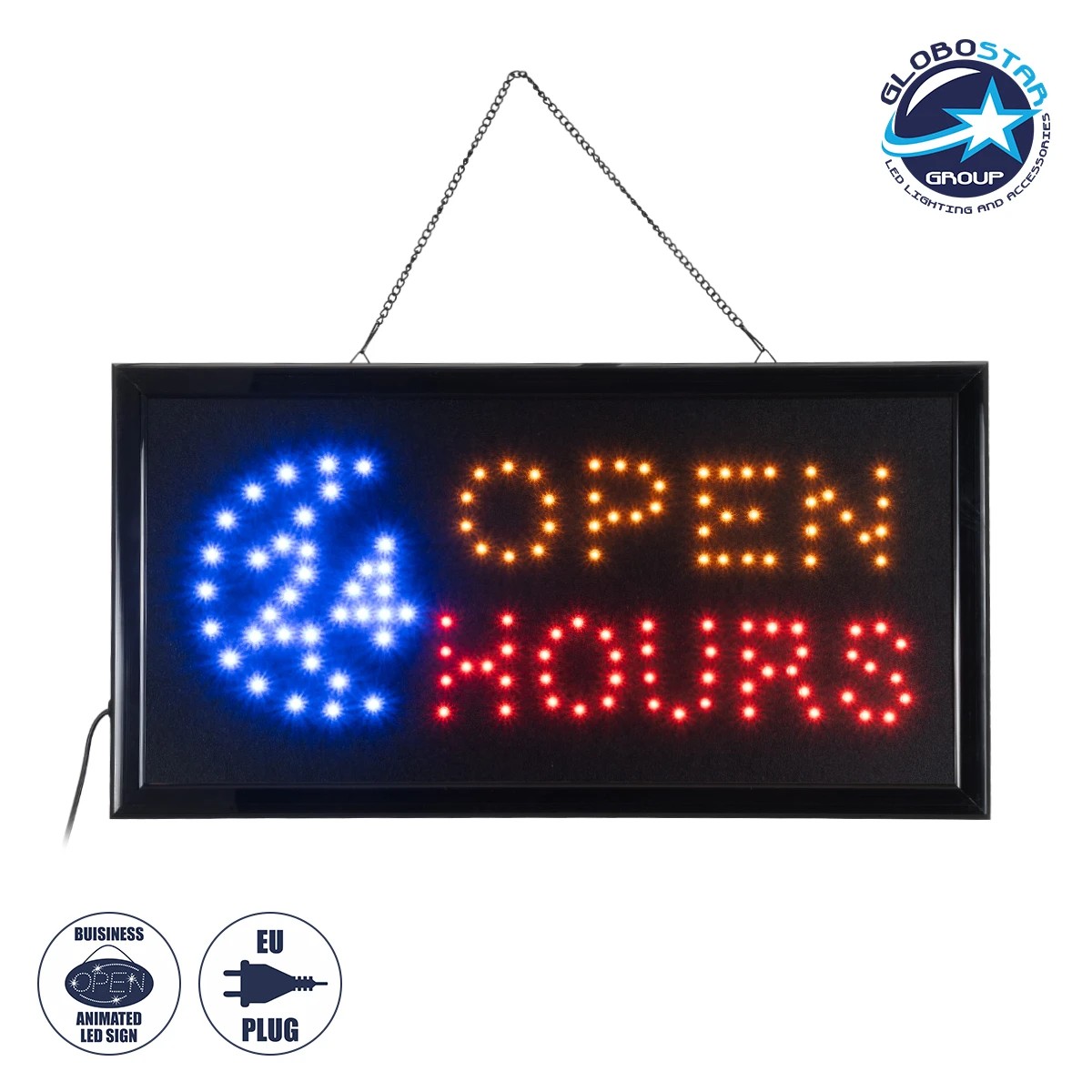 75682_1 GLOBOSTAR® SIGN 75682 Διακοσμητικό Φωτιστικό Τοίχου Ένδειξης / Σήμανσης "OPEN 24 HOURS" LED 5W 150lm 120° AC 220-240V IP20 Πολύχρωμο - Μαύρο - Μ48 x Π25 x Υ2cm - 2 Χρόνια Εγγύηση - Image 1