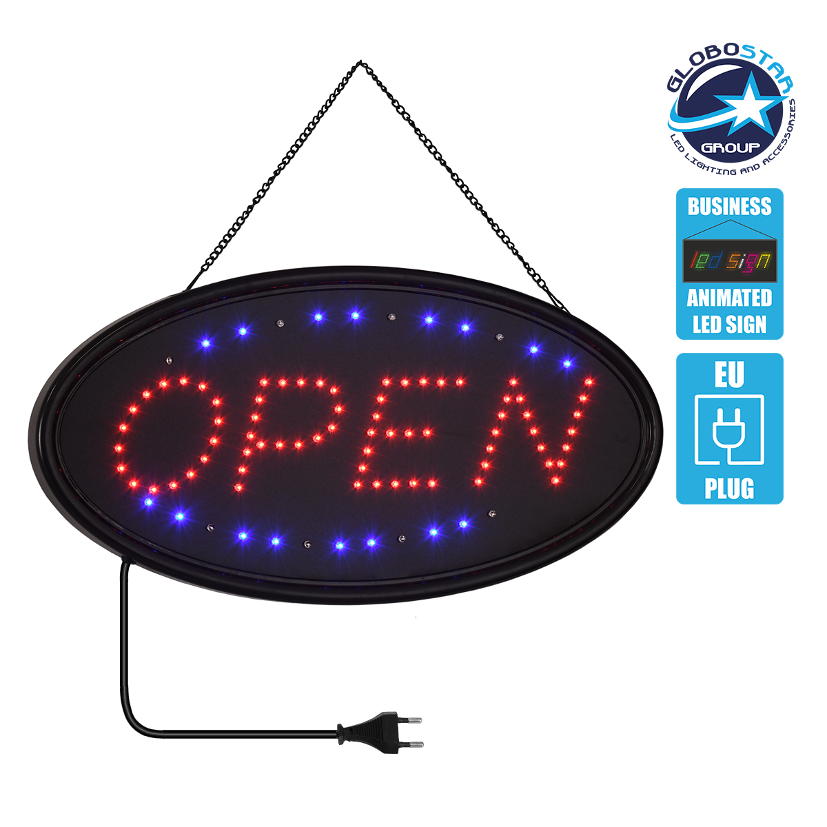 75683_1 GLOBOSTAR® SIGN 75683 Διακοσμητικό Φωτιστικό Τοίχου Ένδειξης / Σήμανσης "OPEN" LED 5W 150lm 120° AC 220-240V IP20 Κόκκινο & Μπλε - Μαύρο - Μ47.5 x Π24.5 x Υ2.5cm - 2 Χρόνια Εγγύηση - Image 1
