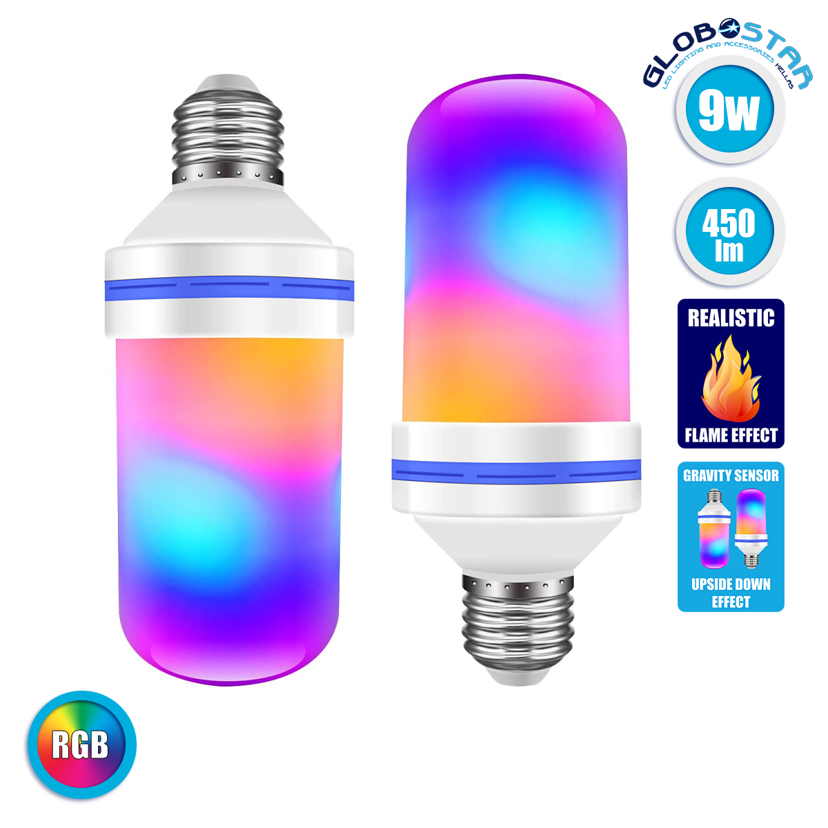 76076_1 GLOBOSTAR® TUBULAR 76076 Λάμπα E27 LED 9W 350lm 260° AC 220-240V IP20 Πολύχρωμο RGB με 4 Λειτουργίες Εφέ Φλόγας & Αναστροφή - Λευκό Γαλακτερό - Μ6 x Π6 x Υ15cm - 2 Χρόνια Εγγύηση - Image 1