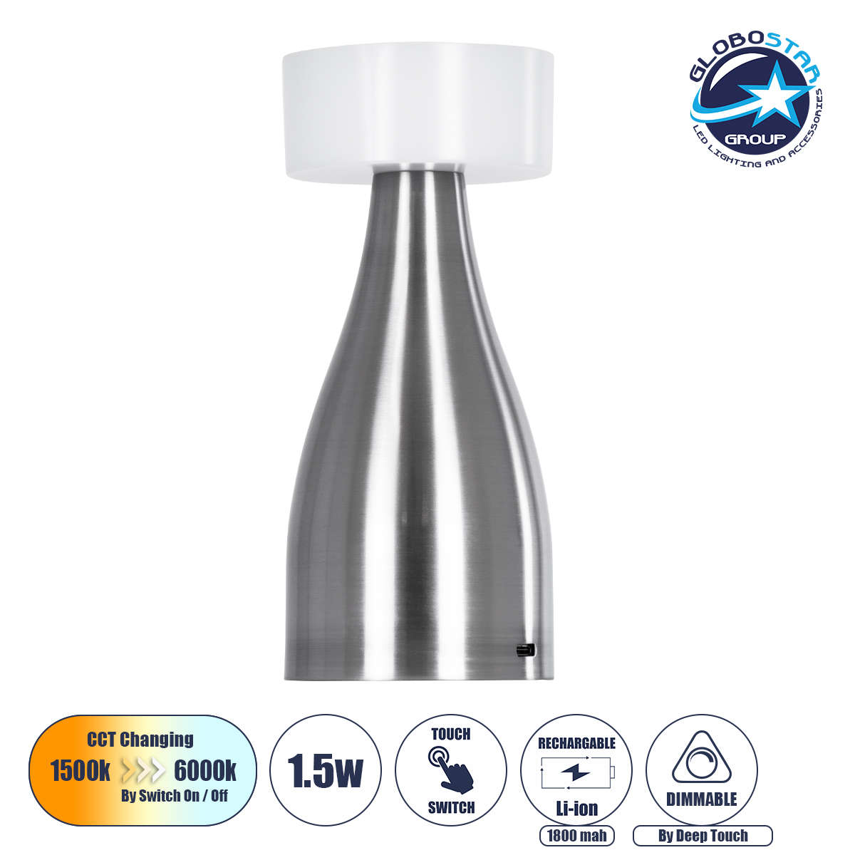 76468_1 GloboStar® DOLLY 76468 Επαναφορτιζόμενο Επιτραπέζιο Φωτιστικό Πορτατίφ LED 1.5W 105lm 120° DC 5V IP44 CCT Ultra Θερμό 1500K - Φυσικό Λευκό 4500K - Ψυχρό Λευκό 6000K Dimmable Ασημί & Λευκό Πλαστικό - Μ9 x Π9 x Υ21cm - 2 Χρόνια Εγγύηση - Image 1