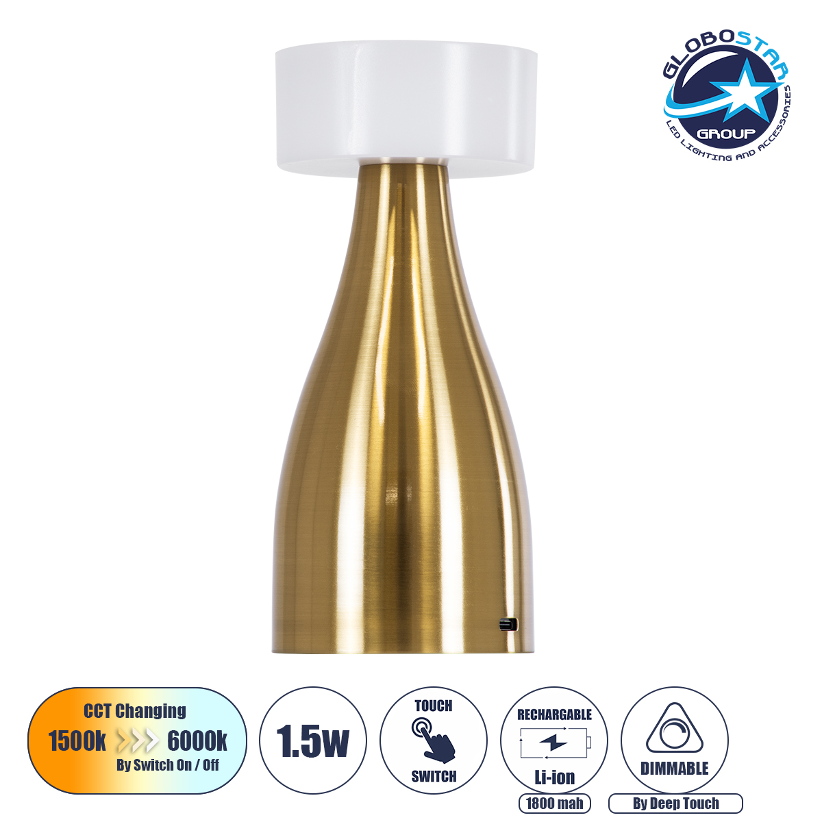 76470_1 GloboStar® DOLLY 76470 Επαναφορτιζόμενο Επιτραπέζιο Φωτιστικό Πορτατίφ LED 1.5W 105lm 120° DC 5V IP44 CCT Ultra Θερμό 1500K - Φυσικό Λευκό 4500K - Ψυχρό Λευκό 6000K Dimmable Χρυσό & Λευκό Πλαστικό - Μ9 x Π9 x Υ21cm - 2 Χρόνια Εγγύηση - Image 1