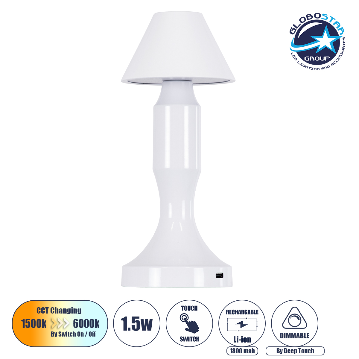 76476_1 GloboStar® LUNNA 76476 Επαναφορτιζόμενο Επιτραπέζιο Φωτιστικό Πορτατίφ LED 1.5W 105lm 120° DC 5V IP44 CCT Ultra Θερμό 1500K - Φυσικό Λευκό 4500K - Ψυχρό Λευκό 6000K Dimmable Λευκό Πλαστικό - Μ9 x Π9 x Υ23cm- 2 Χρόνια Εγγύηση - Image 1