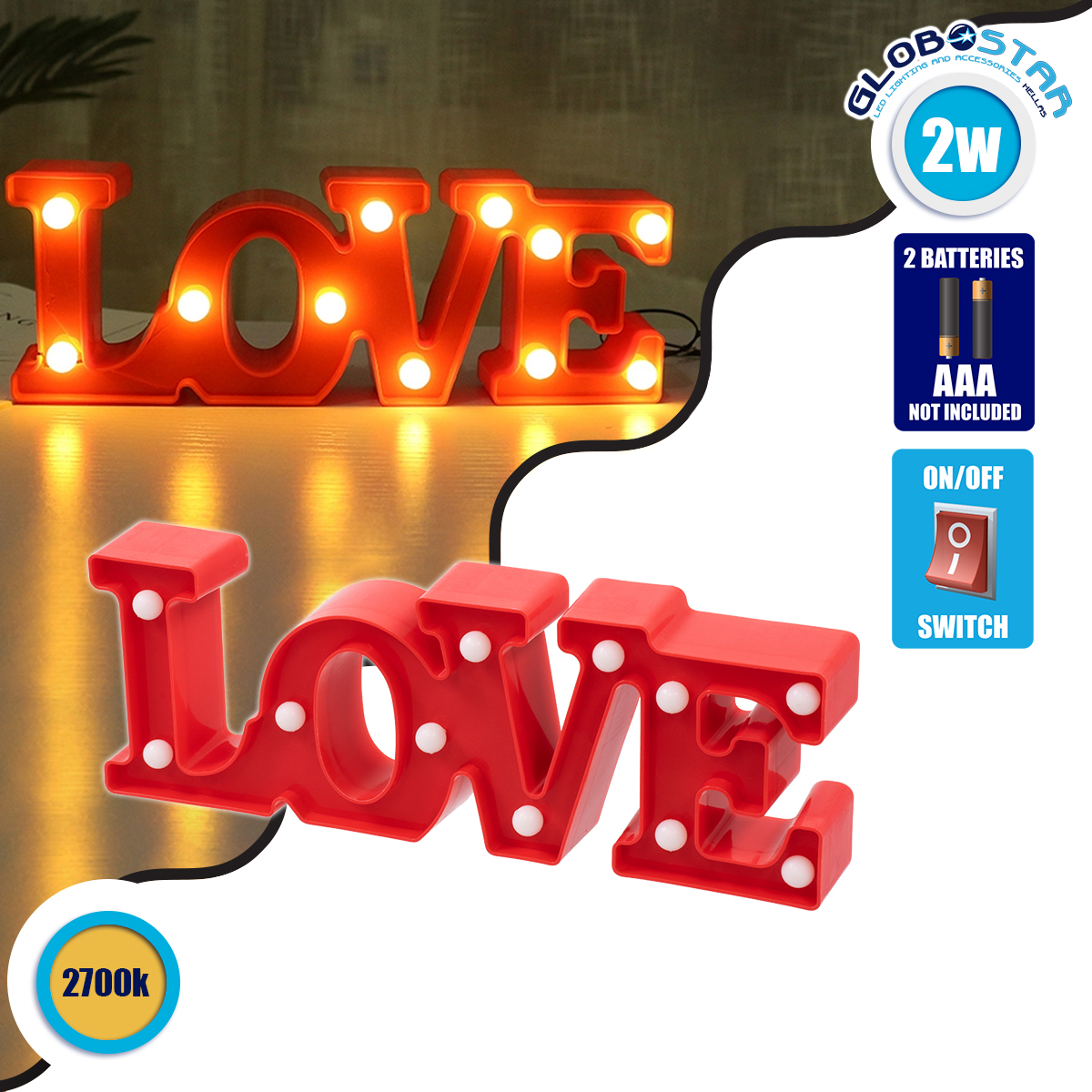 76548_1 GLOBOSTAR® LOVE BOMBING 76548 Μοντέρνο Επιτραπέζιο Φωτιστικό Πορτατίφ LED 2W 120lm 180° DC 3V με Μπαταρίες 2xAAA IP20 Θερμό Λευκό 2700K - Κόκκινο - Μ30 x Π10.7 x Υ4cm - 2 Χρόνια Εγγύηση - Image 1