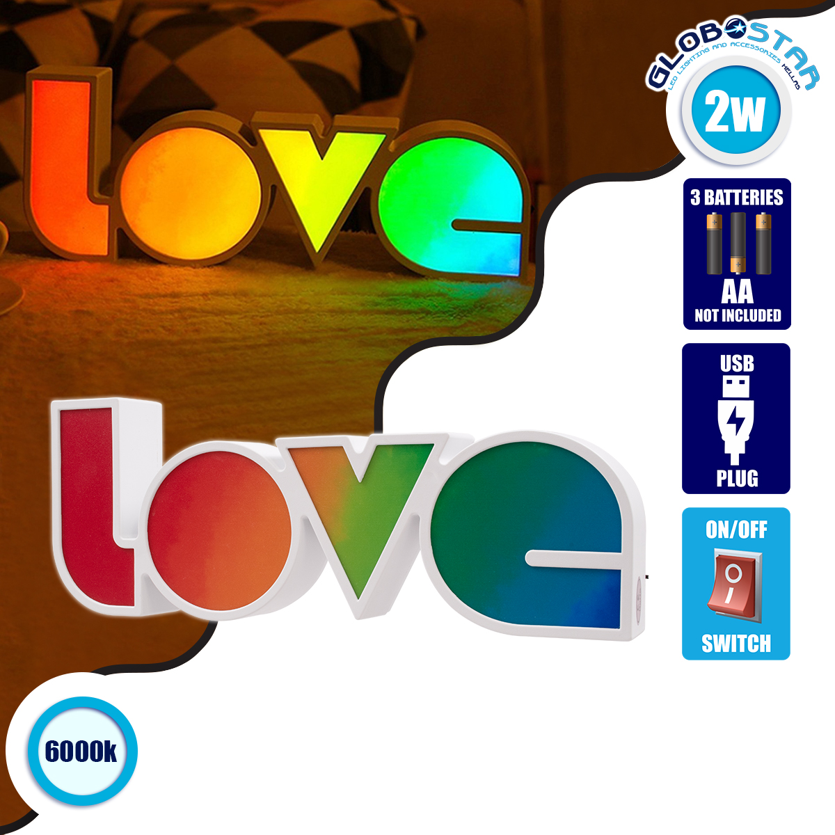76551_1 GLOBOSTAR® LOVE BOMBING 76551 Μοντέρνο Επιτραπέζιο Φωτιστικό Πορτατίφ LED 2W 120lm 180° DC 4.5V με Μπαταρίες 3xAAA IP20 Ψυχρό Λευκό 6000K - Πολύχρωμο - Μ36 x Π13.5 x Υ4.8cm - 2 Χρόνια Εγγύηση - Image 1