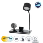 GLOBOSTAR® OLDY 76563 Μοντέρνο Επιτραπέζιο Φωτιστικό Γραφείου με Ασύρματη Φόρτιση 15W 3A, 5W Bluetooth Ηχείο & Ψηφιακό Ρολόι LED 3W 300lm 120° DC 5V με USB-C IP20 Ρυθμιζόμενο Λευκό CCT με Αφή 2700K/4500K/6000K Dimmable - Sanan SMD Chip - Μαύρο - Μ13 x Π25 x Υ43cm - 2 Χρόνια Εγγύηση