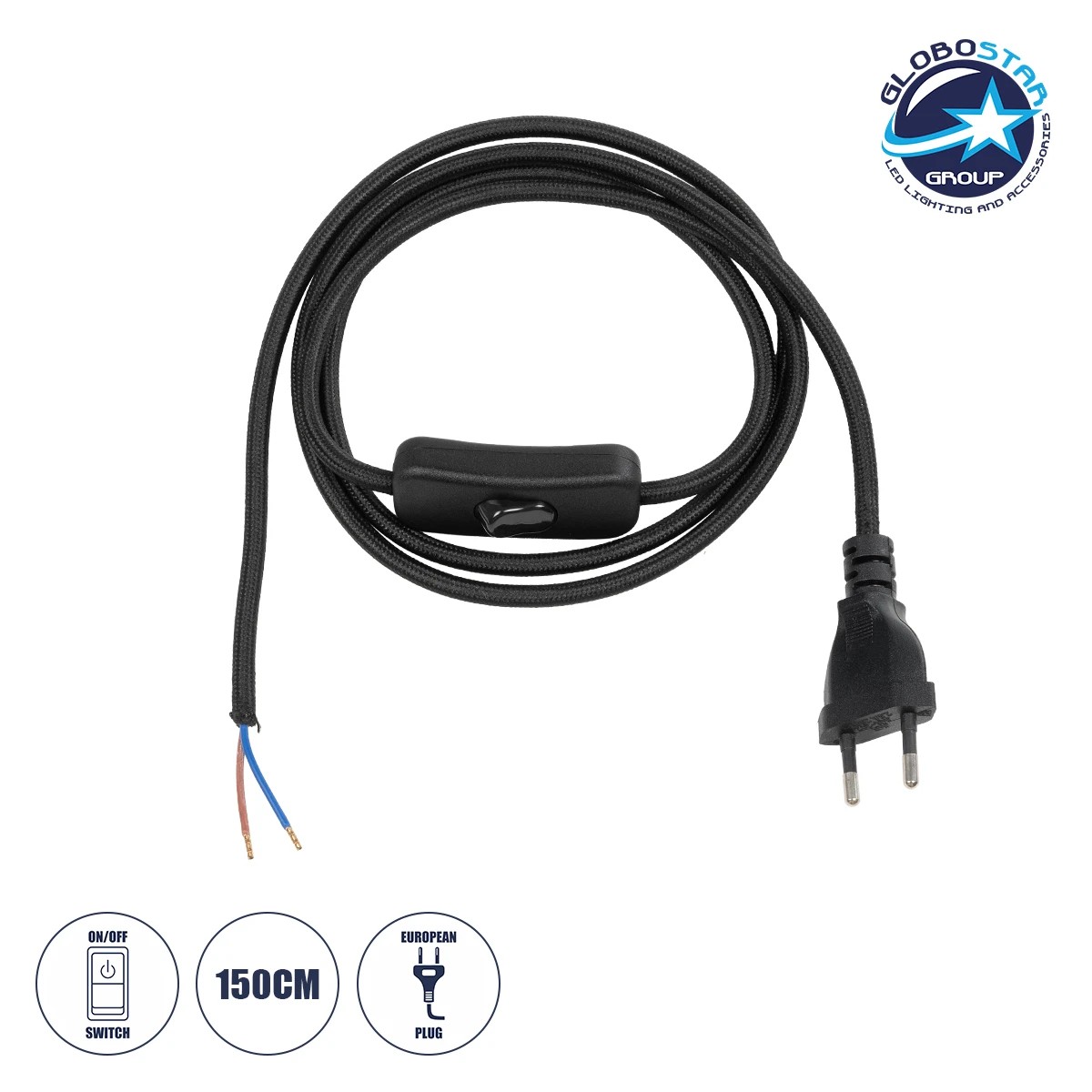 77669_1 GLOBOSTAR® WHIP 77669 Μοντέρνο DIY Υφασμάτινο Καλώδιο με Διακόπτη On/Off AC 220-240V IP20 - Μαύρο - Μ140 x Π2.7 x Υ1.9cm - Image 1