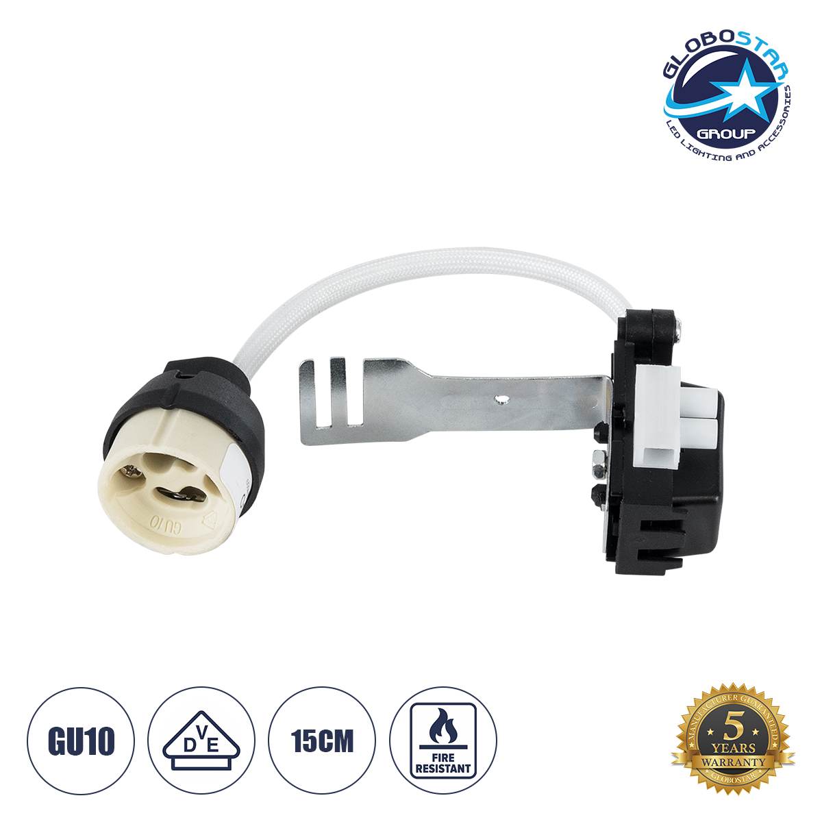 78950_1 GLOBOSTAR® LAMPHOLDER 78950 Ντουί Gu10 Πορσελάνης με 15cm Καλώδιο σε Anti-Fire Protection High Resistance Tube & Κυτίο Συνδεσμολογίας - ᐊVDEᐅ Certified - IP20 - Μ15 x Π3.5 x Υ3.5cm - Image 1