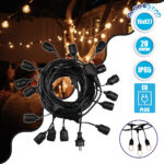 GLOBOSTAR® E27GARLAND 78985 Μοντέρνο Φωτιστικό Κήπου Γιρλάντα 20m με Ντουί 15 x E27 & Πρίζα Schuko Επεκτεινόμενη 90° AC 220-240V IP65 - Μαύρο - Μ1500 x Π127 x Υ16cm