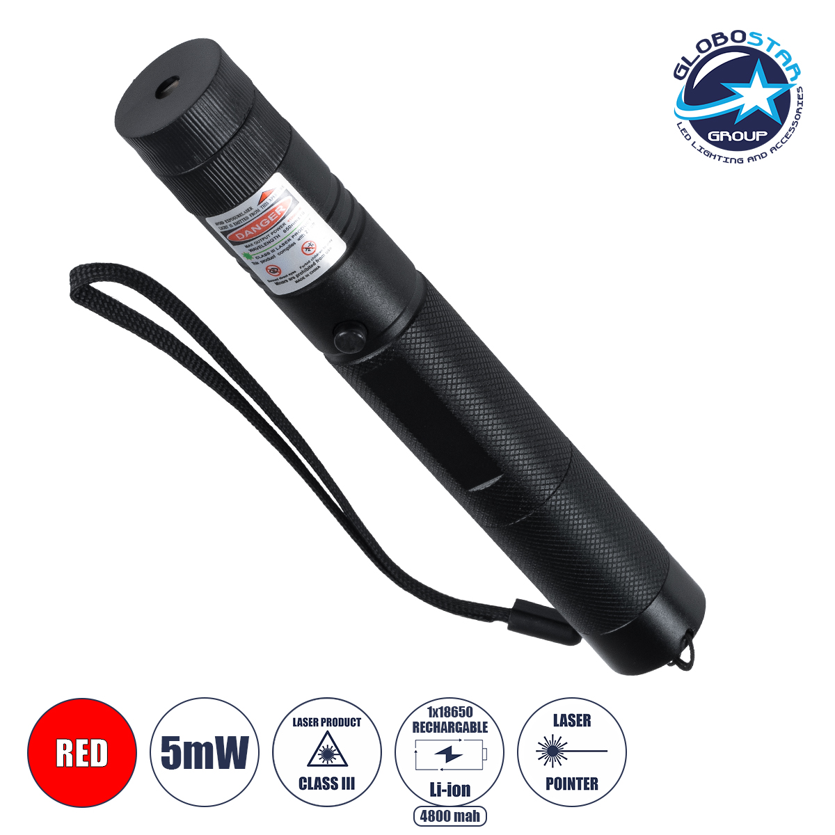 78996_01 GLOBOSTAR® HANDLAMP 78996 Laser Pointer Χειρός 5Mw 1° DC 5V με Επαναφορτιζόμενη Μπαταρία Li-ion 3.7V 1x18650 4800mAh IP20 Κόκκινο 650nm - Μ15 x Π2.2 x Υ2.2cm - 1 Χρόνο Εγγύηση - Image 1