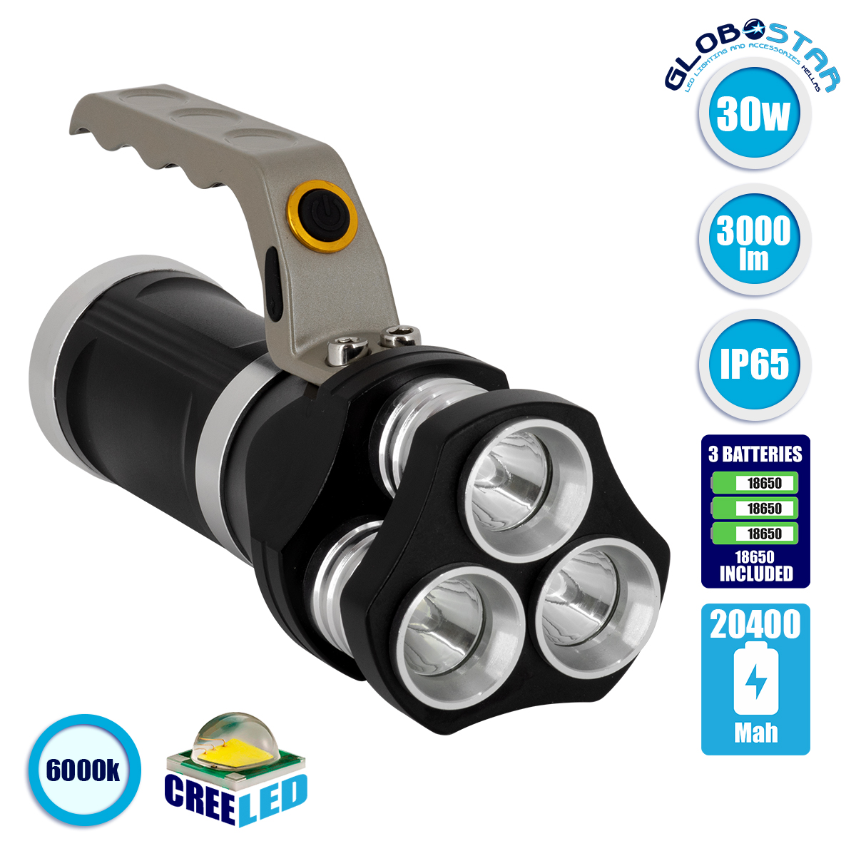 79025_1 GLOBOSTAR® HANDLAMP 79025 Φακός Χειρός LED 30W 3000lm 45° DC 5V με Επαναφορτιζόμενη Μπαταρία Li-ion 3.7V 3x18650 15000mAh IP20 Ψυχρό Λευκό 6000K - CREE XHP50 Chip - Μ16.3 x Π6.4 x Υ8.5cm - 1 Χρόνο Εγγύηση - Image 1