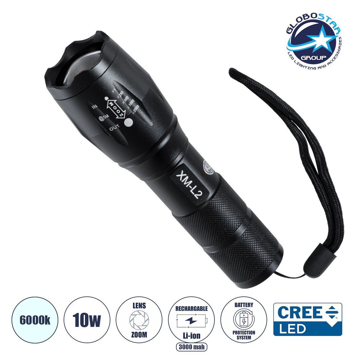 79041_1 GLOBOSTAR® HANDLAMP 79041 Φακός Χειρός LED 10W 1000lm 5~60° DC 5V με Επαναφορτιζόμενη Μπαταρία Li-ion 3.7V 1x18650 3000mAh IP20 Ψυχρό Λευκό 6000K - CREE XML2-T6 Chip - Μ13.5 x Π4 x Υ4cm - 1 Χρόνο Εγγύηση - Image 1