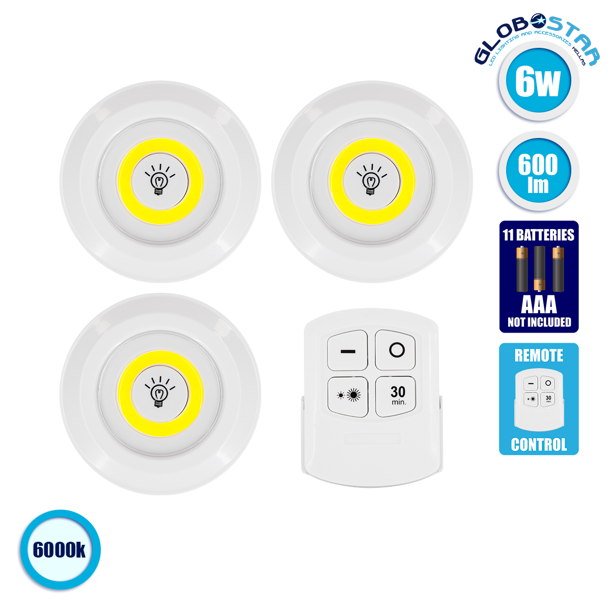 79044_1 GLOBOSTAR® NEONSIGN 79044 Διακοσμητικό Φωτιστικό Τοίχου Νυκτός με RF Ασύρματο Χειριστήριο LED 6W 600lm 120° DC 3.6V με 11xAAA Μπαταρίες IP20 Ψυχρό Λευκό 6000K Dimmable - Μ9 x Π2.3 x Υ9cm - Πακέτο 3 Τεμαχίων - 2 Χρόνια Εγγύηση - Image 1