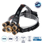 GloboStar® 79060 Φορητός Φακός Κεφαλής LED CREE 30W με Επαναφορτιζόμενη Μπαταρία 5200mAh & Καλώδιο Φόρτισης USB - Ψυχρό Λευκό 6000K - Μ8.5 x Π5.5 x Υ5cm