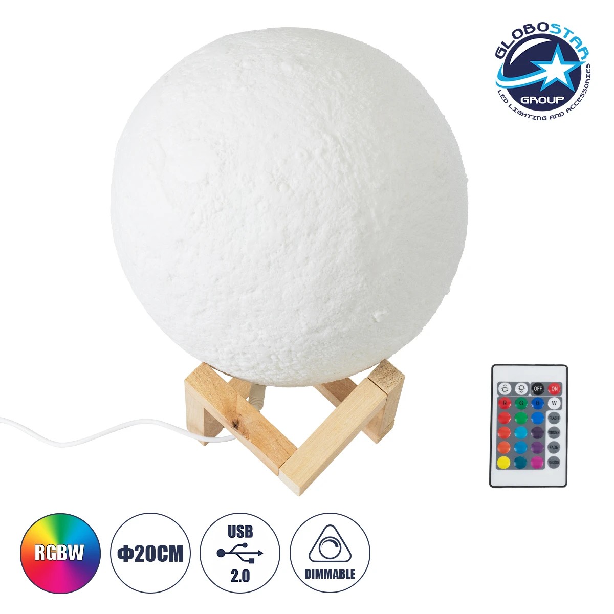 79607_s_1 GloboStar® MOON 79607-S Επιτραπέζιο Φωτιστικό LED 3W 150lm 360° DC 5V IP20 RGB Dimmable Λευκό Πλαστικό με Μπεζ Ξύλο - Λειτουργία μόνο σε ρεύμα, χωρίς μπαταρίες - Μ20 x Π20 x Υ23cm - 2 Χρόνια Εγγύηση - Image 1