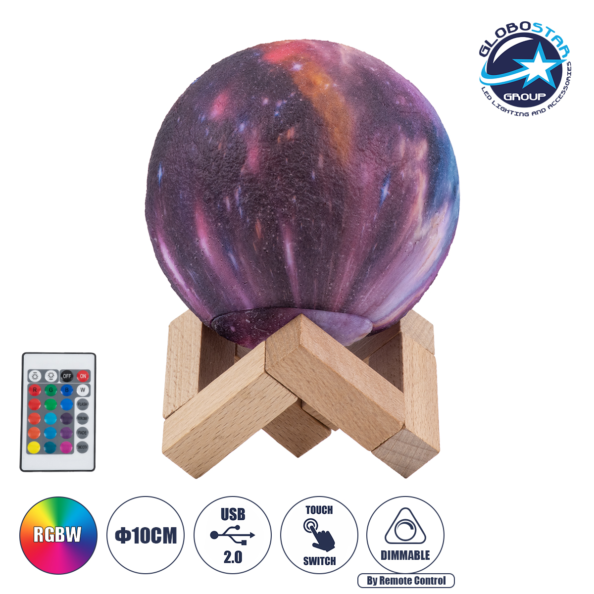 79615_1 GloboStar® MOON 79615 Επιτραπέζιο Φωτιστικό Πορτατίφ LED 2W 100lm 360° DC 5V IP20 RGBW Dimmable Πολύχρωμο Πλαστικό με Μπεζ Ξύλο - Μ10 x Π10 x Υ13.5cm - 2 Xρόνια Εγγύηση - Image 1