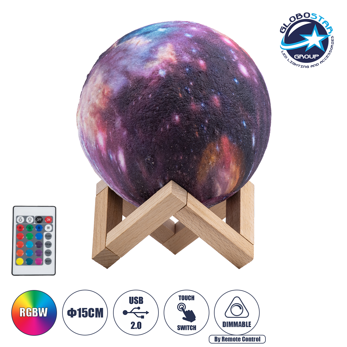 79616_1 GloboStar® MOON 79616 Επιτραπέζιο Φωτιστικό Πορτατίφ LED 4W 200lm 360° DC 5V IP20 RGBW Dimmable Πολύχρωμο Πλαστικό με Μπεζ Ξύλο - Μ15 x Π15 x Υ19cm - 2 Xρόνια Εγγύηση - Image 1