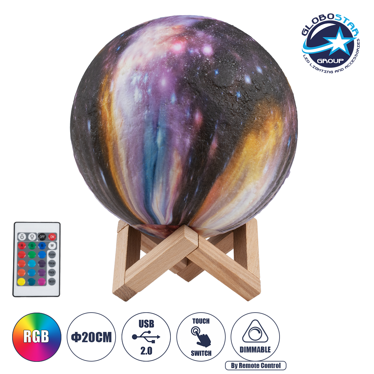 79617_1 GloboStar® MOON 79617 Επιτραπέζιο Φωτιστικό Πορτατίφ LED 6W 360lm 360° DC 5V IP20 RGB Dimmable Πολύχρωμο Πλαστικό με Μπεζ Ξύλο - Μ20 x Π20 x Υ25cm - 2 Xρόνια Εγγύηση - Image 1