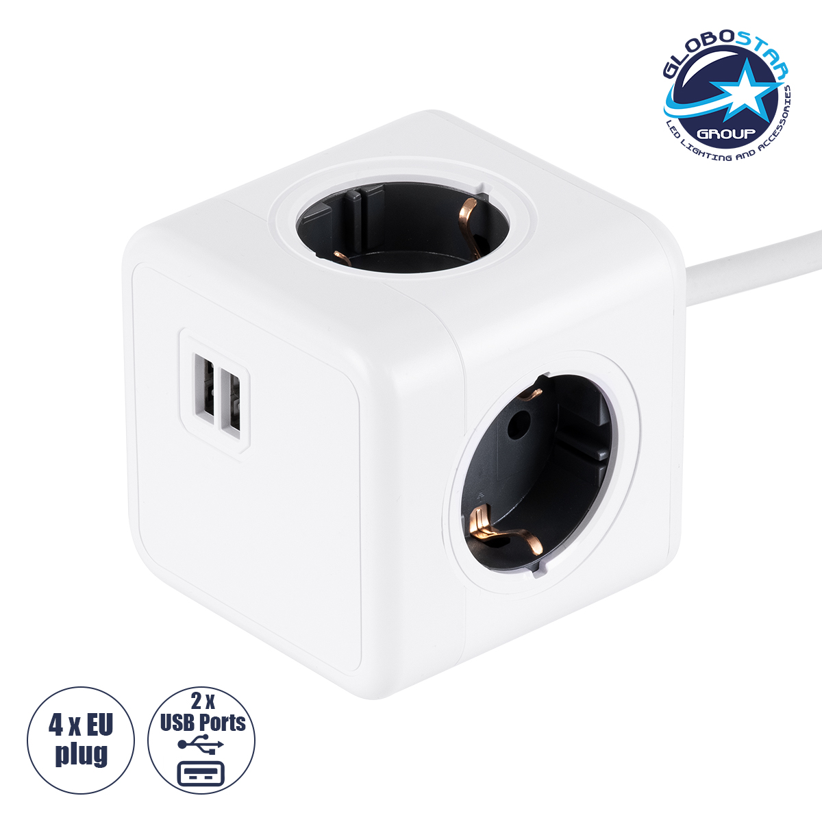 79639_1 GloboStar® TRAVEL PowerCube PRO Certified 79639 Πολύπριζο 6 Θέσεων με 1.5m Kαλώδιο - 4 Πρίζες Ασφαλείας Childproof EU Schuko AC 220-240V & 2 Πρίζες USB Max 2.1A/DC 5V Μ7.5 x Π7.5 x Υ7.5 - Λευκό με Γκρι - Max Load 3680W/16A - Image 1