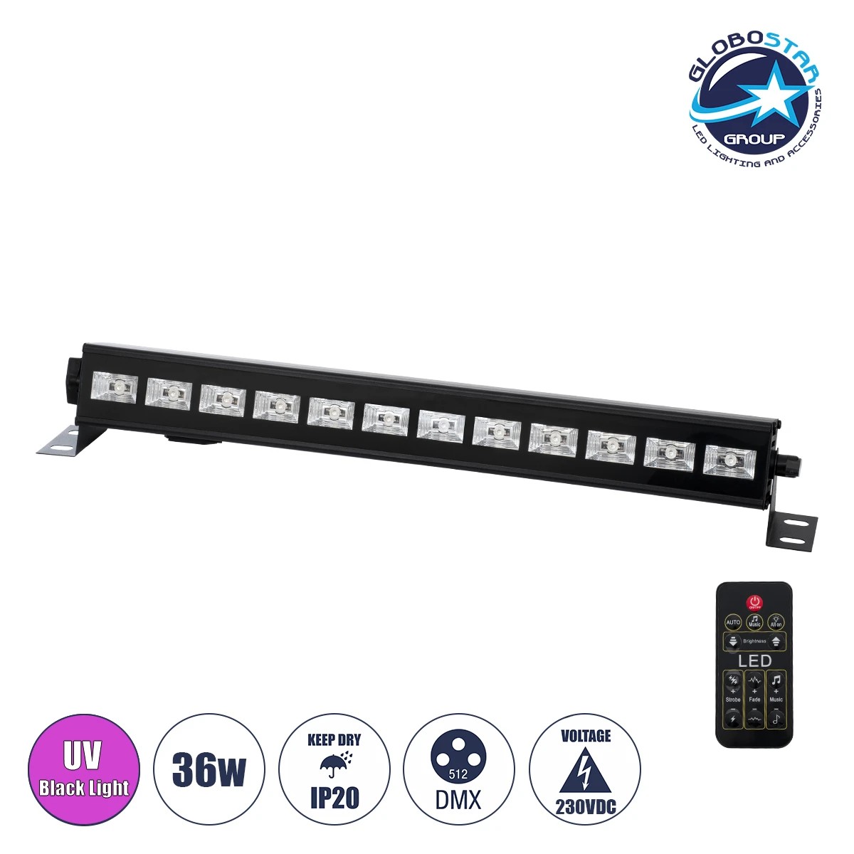 79660_01 GLOBOSTAR® UVBAR 79660 Μπάρα Φωτισμού με IR Ασύρματο Χειριστήριο LED 36W 120° AC 220-240V IP20 Ultraviolet UV Black Light DMX512 - Star LED Chip - Μαύρο - Μ50 x Π6 x Υ6cm - 2 Χρόνια Εγγύηση - Image 1
