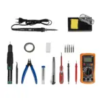 GLOBOSTAR® ELEKIT 79978 Ολοκληρωμένο DIY ΚΙΤ Εργαλείων Ηλεκτρονικού - Κολλητήρι & Βάση, Απορροφητική Τρόμπα Κόλλησης, Πλαγιοκόφτης, Τσιμπιδάκι Tweezer, Πενσέτα, Καλάι Κόλλησης, Κοπίδια, Φαλτσέτες & Ψηφιακό Πολύμετρο - Μ26 x Π18 x Υ5.5cm