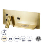 GLOBOSTAR® PALADIN 61358 Μοντέρνο Φωτιστικό Τοίχου - Απλίκα Ξενοδοχείου Reading Light με Φορτιστή USB 3A & Wireless 20W LED 6W 720lm 36° & 360° AC 220-240V IP20 Φυσικό Λευκό 4500K - Bridgelux COB Chip & TÜV SÜD Driver - Χρυσό Βούρτσας - Μ30 x Π11 x Υ12cm - 3 Χρόνια Εγγύηση - Image 2