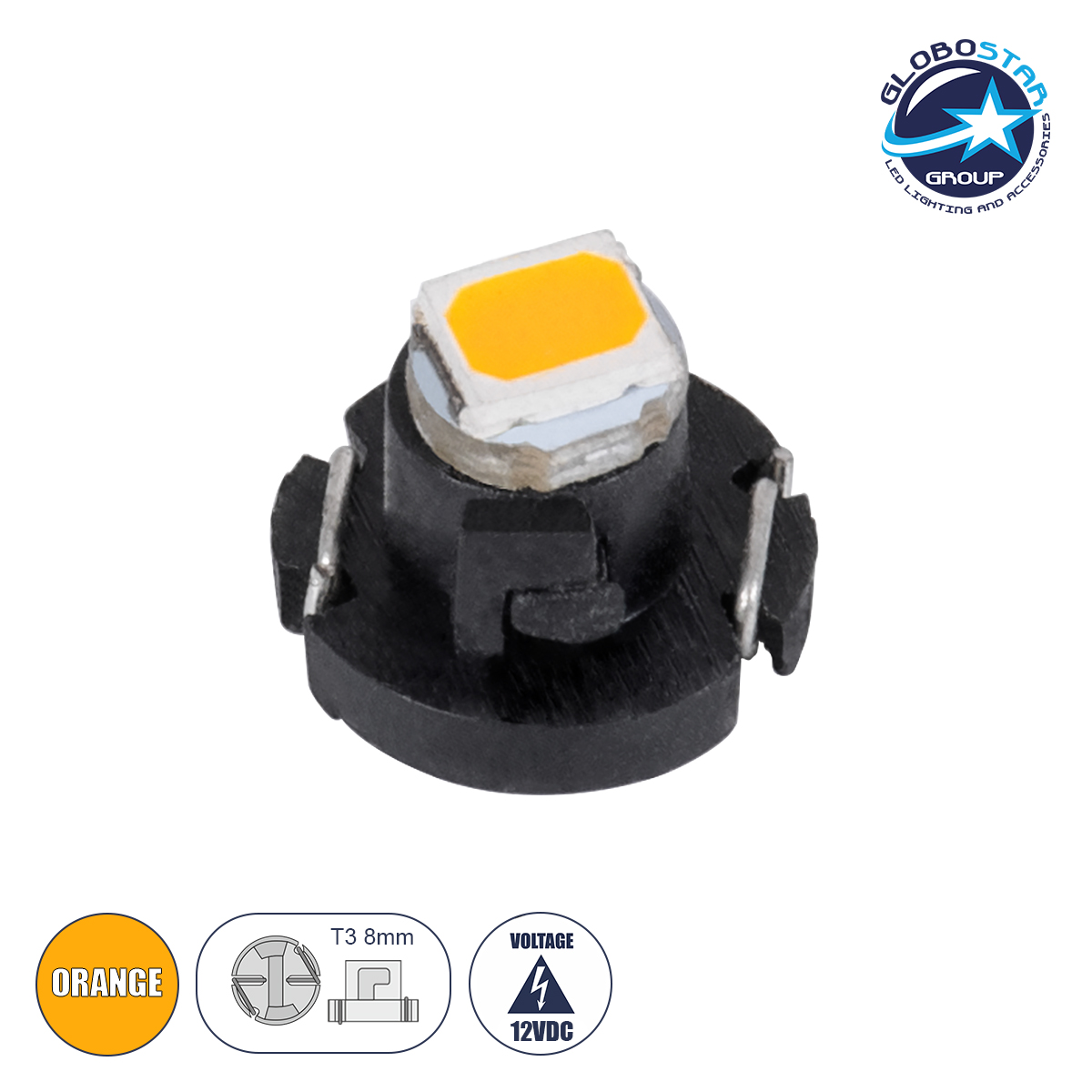 81006_1 GLOBOSTAR® T3 81006 Λάμπα T3 8mm B8.5d LED 0.12W 9lm 120° DC 12V IP20 Πορτοκαλί - 1 x Epistar SMD1210 Chip - Μ0.8 x Π0.8 x Υ0.7cm - 1 Χρόνο Εγγύηση - Image 1
