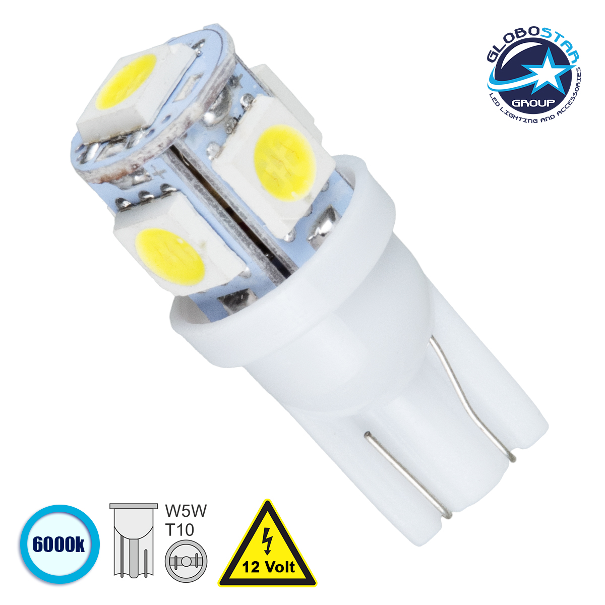 81050_1 GLOBOSTAR® W5W-T10 81050 Λάμπα W5W T10 LED 0.48W 100lm 360° DC 12V IP20 Ψυχρό Λευκό 6000K - 5 x Epistar SMD5050 Chip - Μ1.2 x Π1.2 x Υ2.7cm - 1 Χρόνο Εγγύηση - Image 1