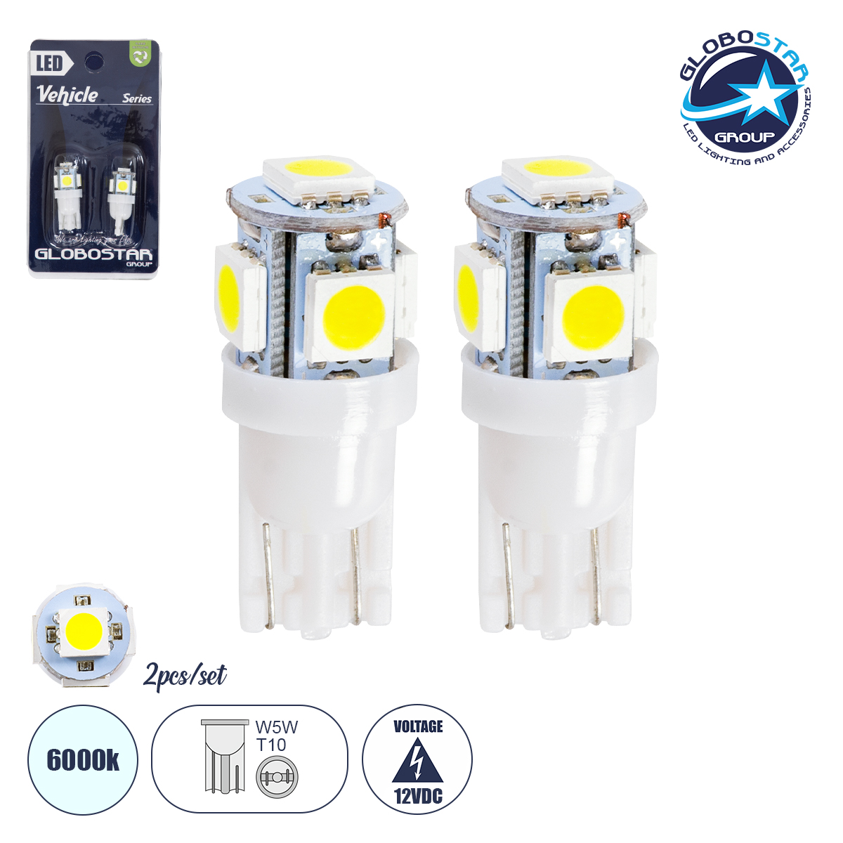81050_b_1 GLOBOSTAR® W5W-T10 81050-B Λάμπα W5W T10 LED 0.48W/0.96W 100lm/200lm 360° DC 12V IP20 Ψυχρό Λευκό 6000K - 5 x Epistar SMD5050 Chip - Μ1.2 x Π1.2 x Υ2.7cm - Πακέτο Blister 2 Τεμαχίων - 1 Χρόνο Εγγύηση - Image 1