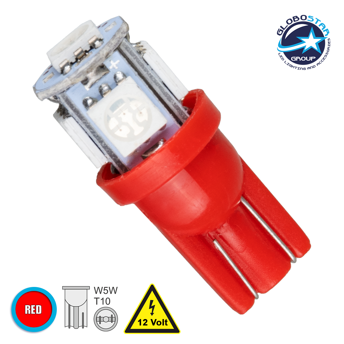 81051_1 GLOBOSTAR® W5W-T10 81051 Λάμπα W5W T10 LED 0.36W 45lm 360° DC 12V IP20 Κόκκινο - 5 x Epistar SMD5050 Chip - Μ1.2 x Π1.2 x Υ2.7cm - 1 Χρόνο Εγγύηση - Image 1