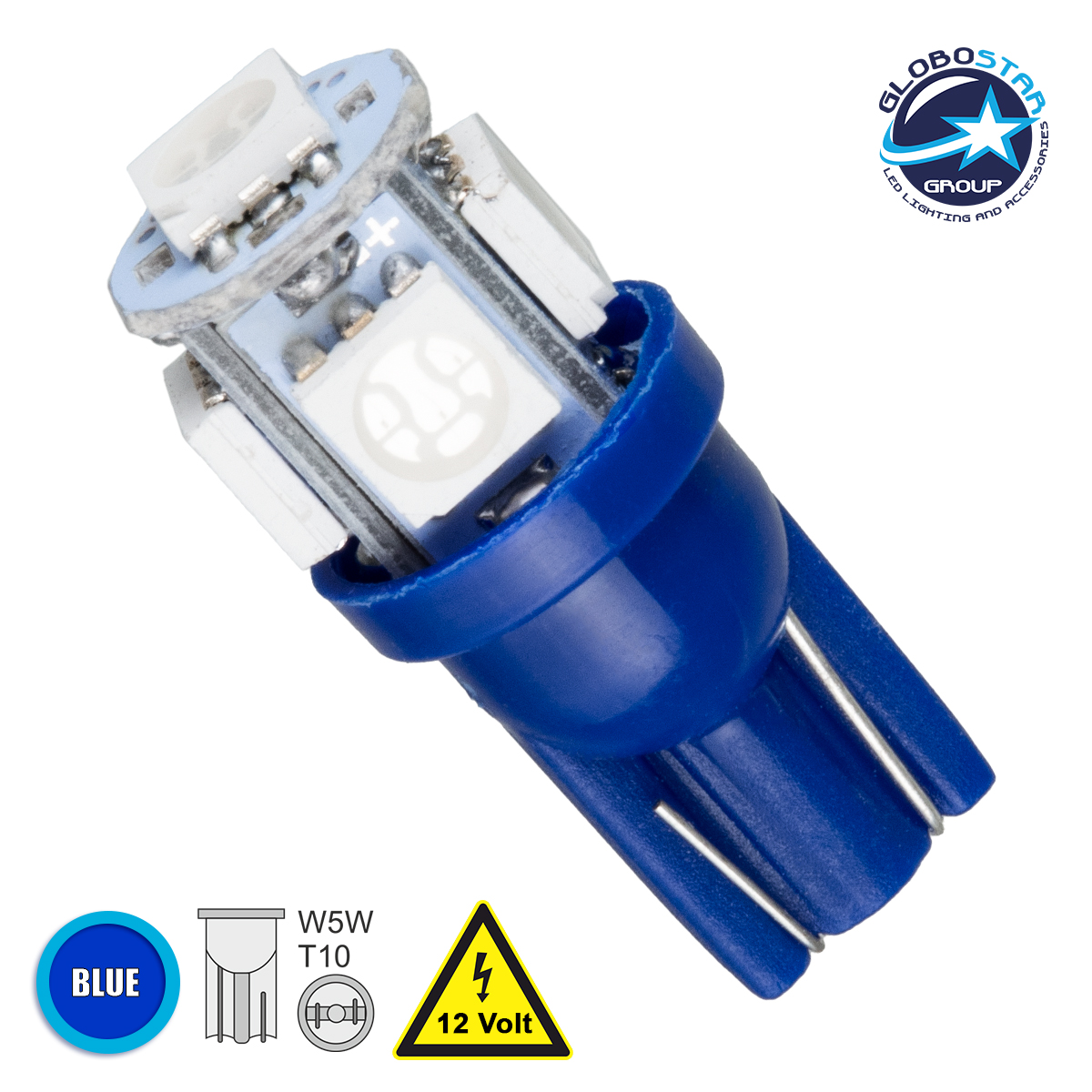 81053_1 GLOBOSTAR® W5W-T10 81053 Λάμπα W5W T10 LED 0.36W 45lm 360° DC 12V IP20 Μπλε - 5 x Epistar SMD5050 Chip - Μ1.2 x Π1.2 x Υ2.7cm - 1 Χρόνο Εγγύηση - Image 1