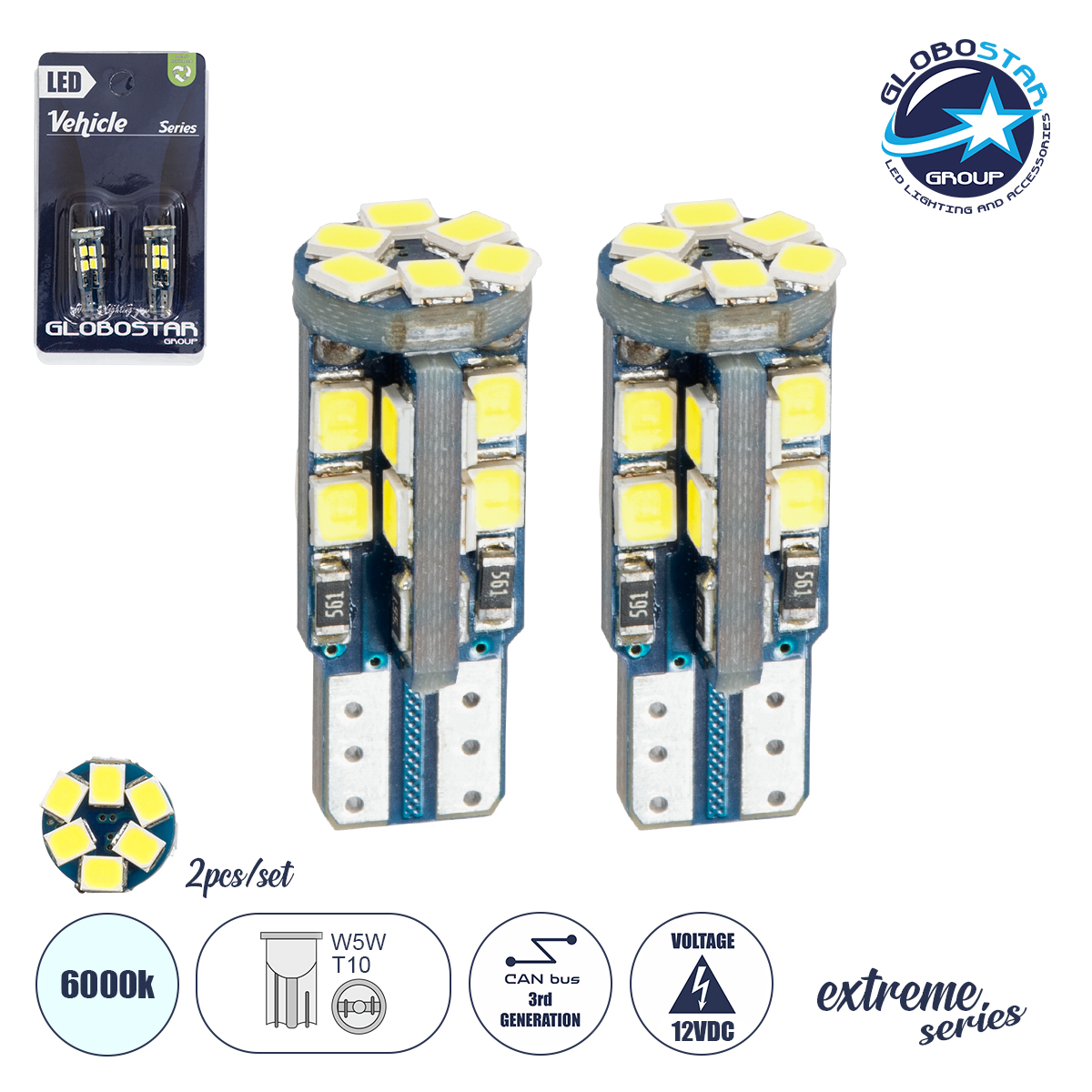 81103_b_1 GLOBOSTAR® W5W-T10 81103-B Λάμπα W5W T10 CANbus LED 3.2W/6.4W 432lm/864lm 360° DC 12V IP20 Ψυχρό Λευκό 6000K - 24 x Epistar SMD2835 Chip - Μ1.1 x Π1.1 x Υ2.8cm - Πακέτο Blister 2 Τεμαχίων - 1 Χρόνο Εγγύηση - Image 1