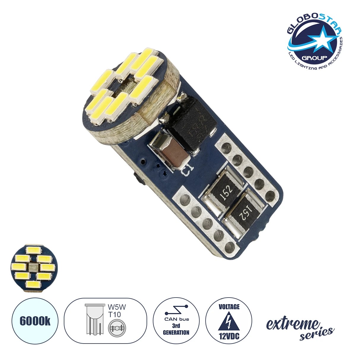 81104_05482_01 GLOBOSTAR® W5W-T10 81104 Λάμπα W5W T10 CANbus LED 1.2W 114lm 360° DC 12V IP20 Ψυχρό Λευκό 6000K - 12 x Epistar SMD4014 Chip - Μ1 x Π1 x Υ2.7cm - 1 Χρόνο Εγγύηση - Image 1