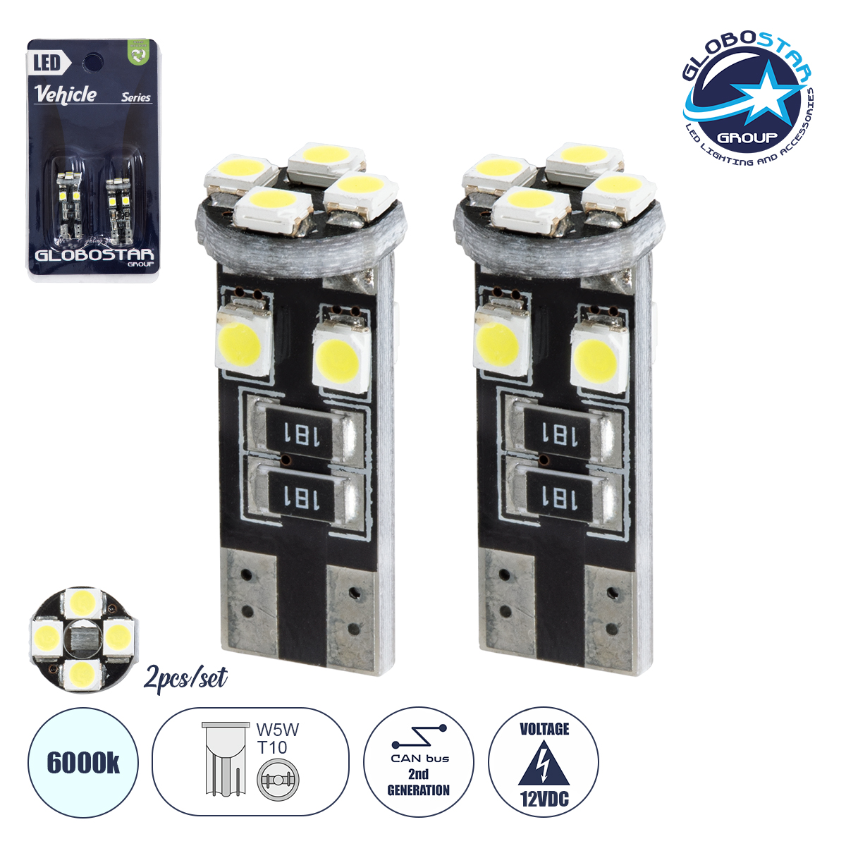 81119_b_1 GLOBOSTAR® W5W-T10 81119-B Λάμπα W5W T10 CANbus LED 2W/4W 72lm/144lm 360° DC 12V IP20 Ψυχρό Λευκό 6000K - 8 x Epistar SMD1210 Chip - Μ1 x Π1 x Υ2.5cm - Πακέτο Blister 2 Τεμαχίων - 1 Χρόνο Εγγύηση - Image 1