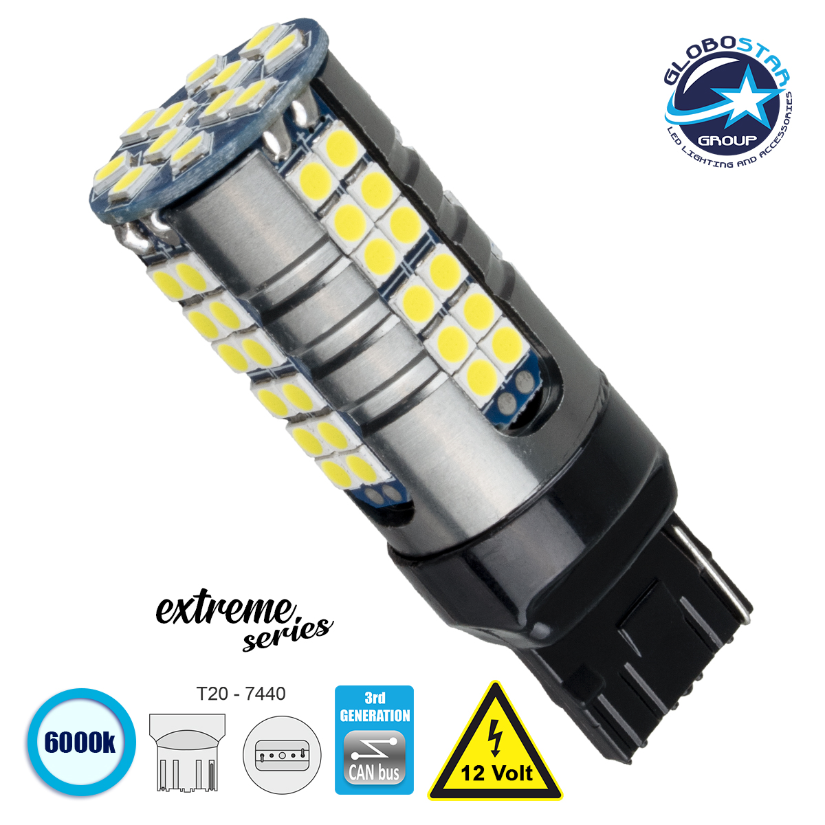 81161_1 GLOBOSTAR® W21W-T20 81161 Λάμπα W21W T20 7440 CANbus LED 19W 2100lm 360° DC 12V IP20 Ψυχρό Λευκό 6000K - 66 x Epistar SMD3030 Chip - Μ2.1 x Π2.1 x Υ5.8cm - 1 Χρόνο Εγγύηση - Image 1