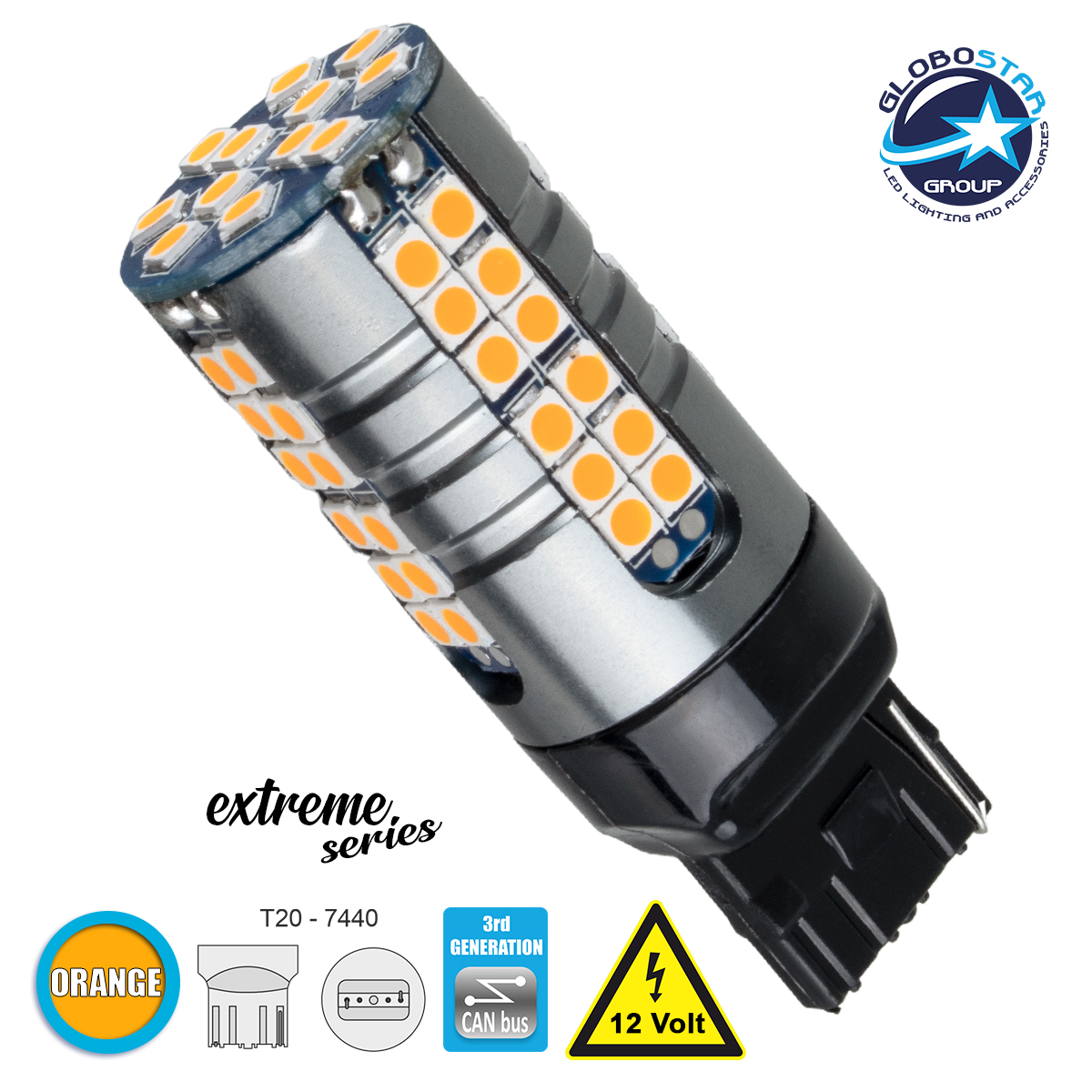 81162_1 GLOBOSTAR® W21W-T20 81162 Λάμπα W21W T20 7440 CANbus LED 19W 2100lm 360° DC 12V IP20 Πορτοκαλί - 66 x Epistar SMD3030 Chip - Μ2.1 x Π2.1 x Υ5.8cm - 1 Χρόνο Εγγύηση - Image 1