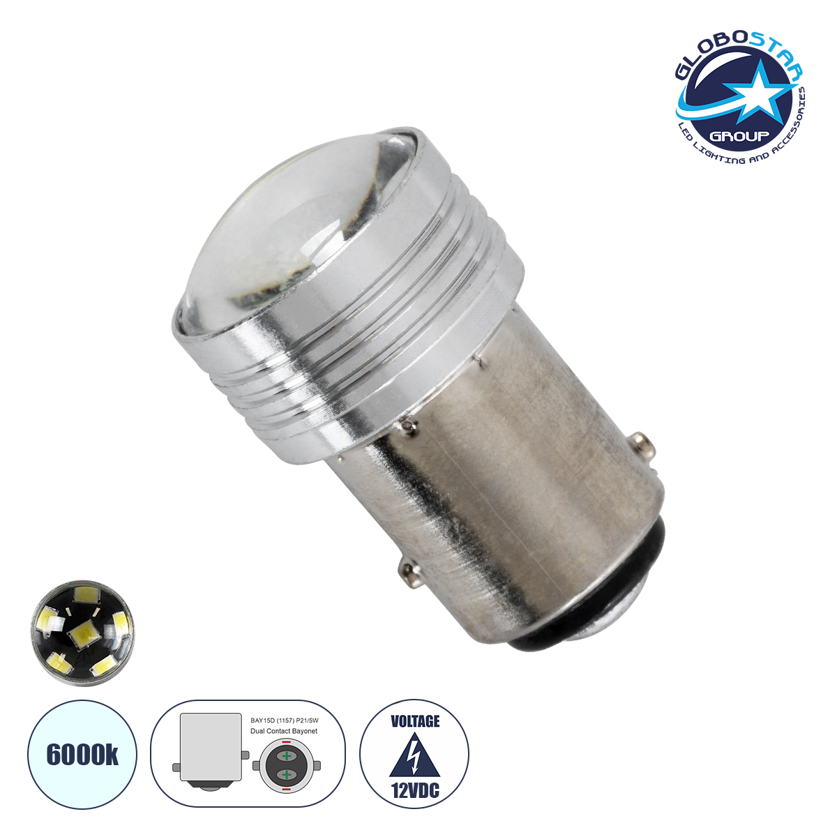 81205_1 GLOBOSTAR® P21/5W-1157 81205 Λάμπα P21/5W 1157 BAY15D LED 0.36W 108lm 90° DC 12V IP20 Ψυχρό Λευκό 6000K - 6 x Epistar SMD2835 Chip - Μ1.9 x Π1.9 x Υ3cm - 1 Χρόνο Εγγύηση - Image 1