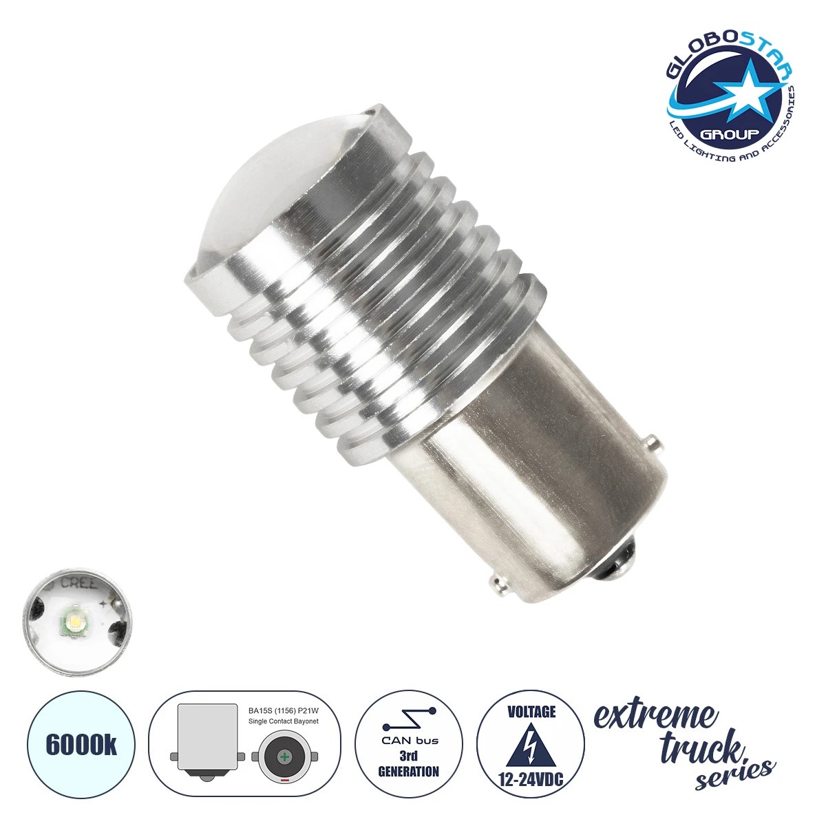 81214_1 GloboStar® P21W 1156 81214 Λάμπα Αυτοκίνητου BA15S LED 1 CREE LED 7W 987lm 60° DC 12V IP20 Ψυχρό Λευκό 6000K - Image 1