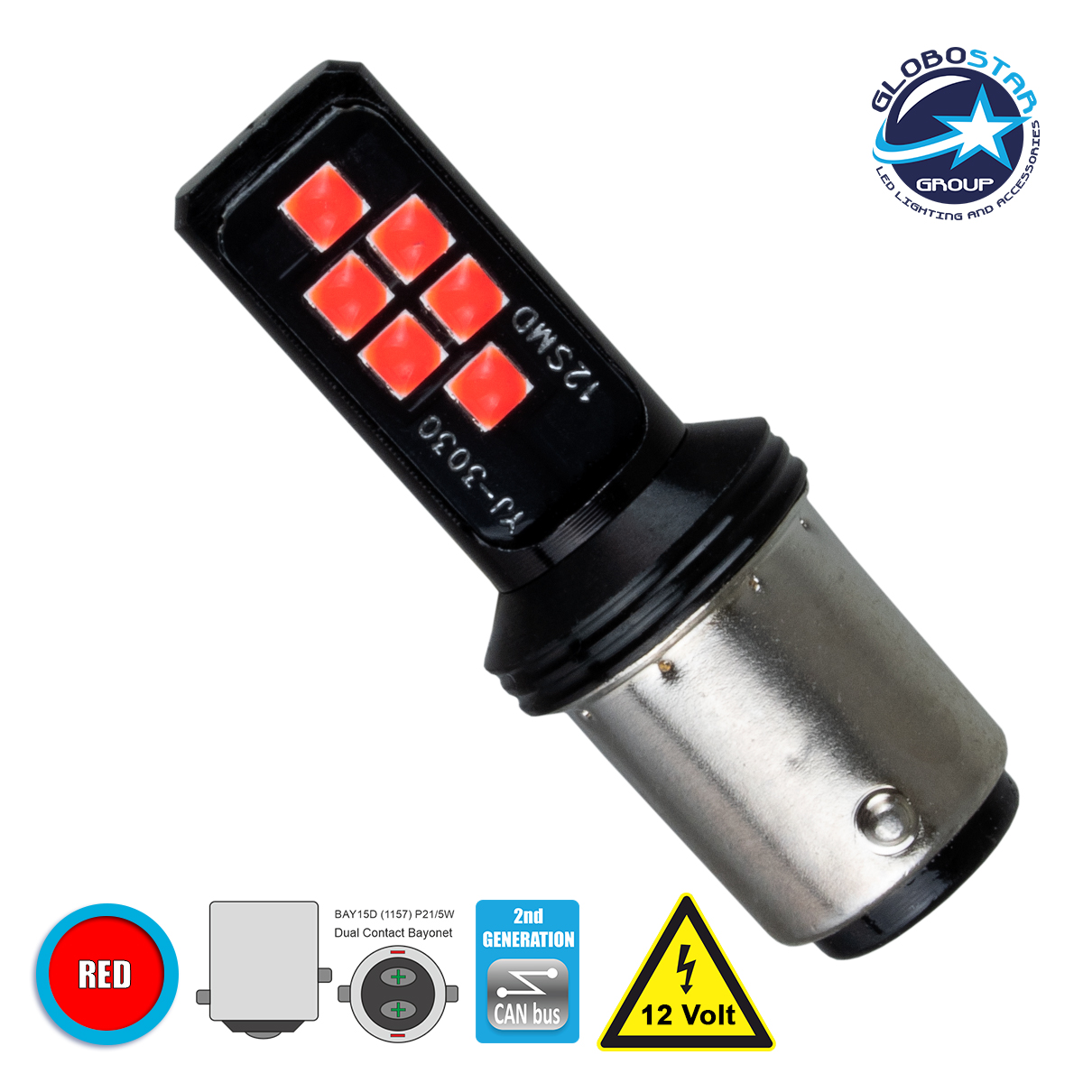81249_1 GLOBOSTAR® P21/5W-1157 81249 Λάμπα P21/5W 1157 BAY15D CANbus LED 4W 200lm 360° DC 12V IP20 Κόκκινο - 12 x Epistar SMD3030 Chip - Μ1.8 x Π1.8 x Υ5cm - 1 Χρόνο Εγγύηση - Image 1