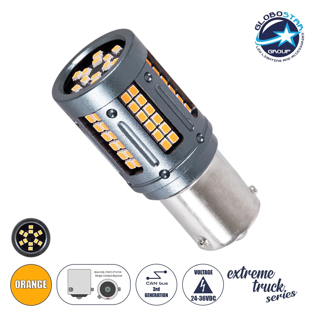 81274_01 GLOBOSTAR® PY21W-1156 81274 Λάμπα PY21W 1156 BAU15S CANbus LED 9.6W 1512lm 360° DC 24-36V IP20 Πορτοκαλί - 84 x Epistar SMD2016 Chip - Μ2 x Π2 x Υ5cm - 1 Χρόνο Εγγύηση - Image 1