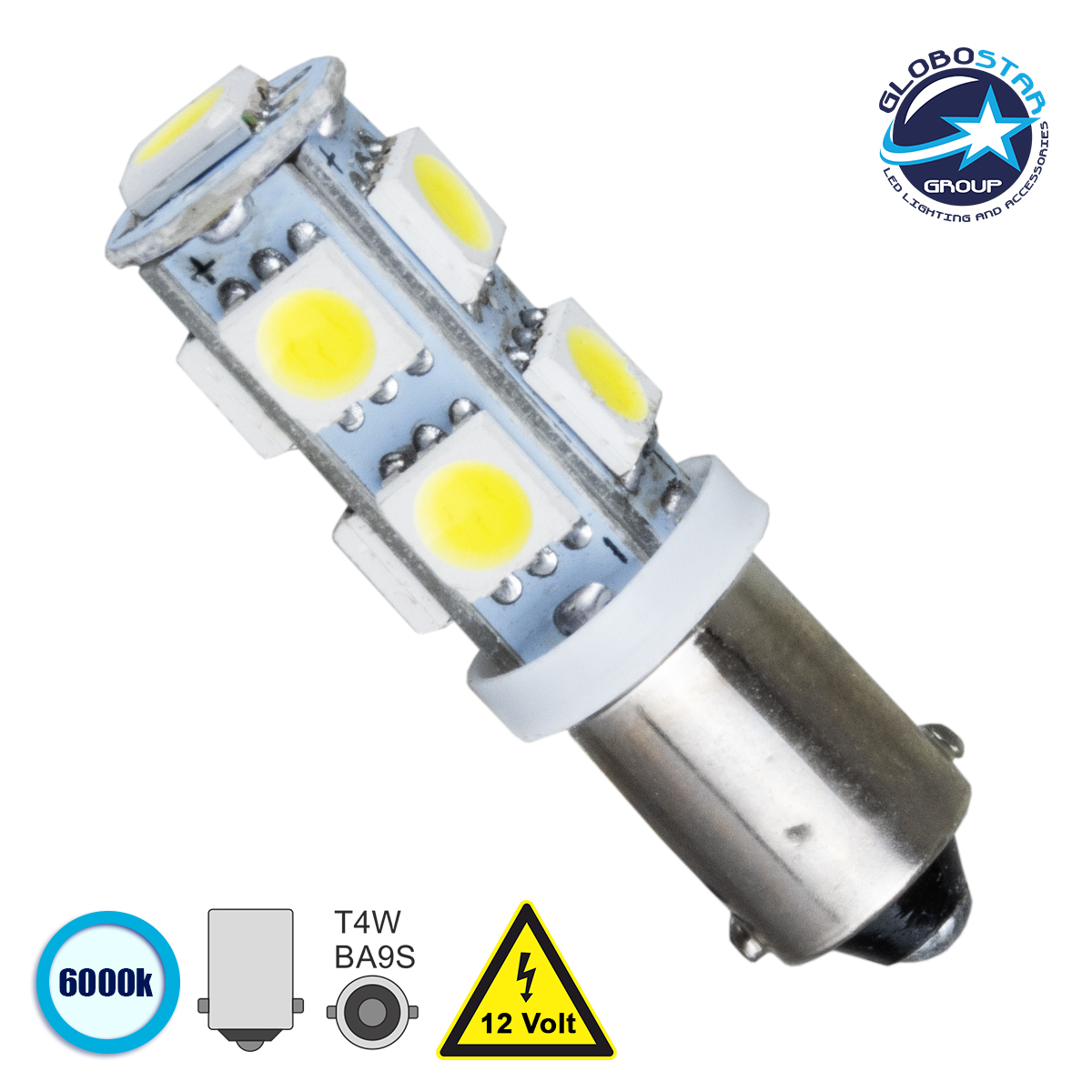81285_1 GloboStar® T4W BA9S 81285 Λάμπα Αυτοκίνητου LED 9 SMD 5050 3W 450lm 360° DC 12V IP20 Ψυχρό Λευκό 6000K - Image 1